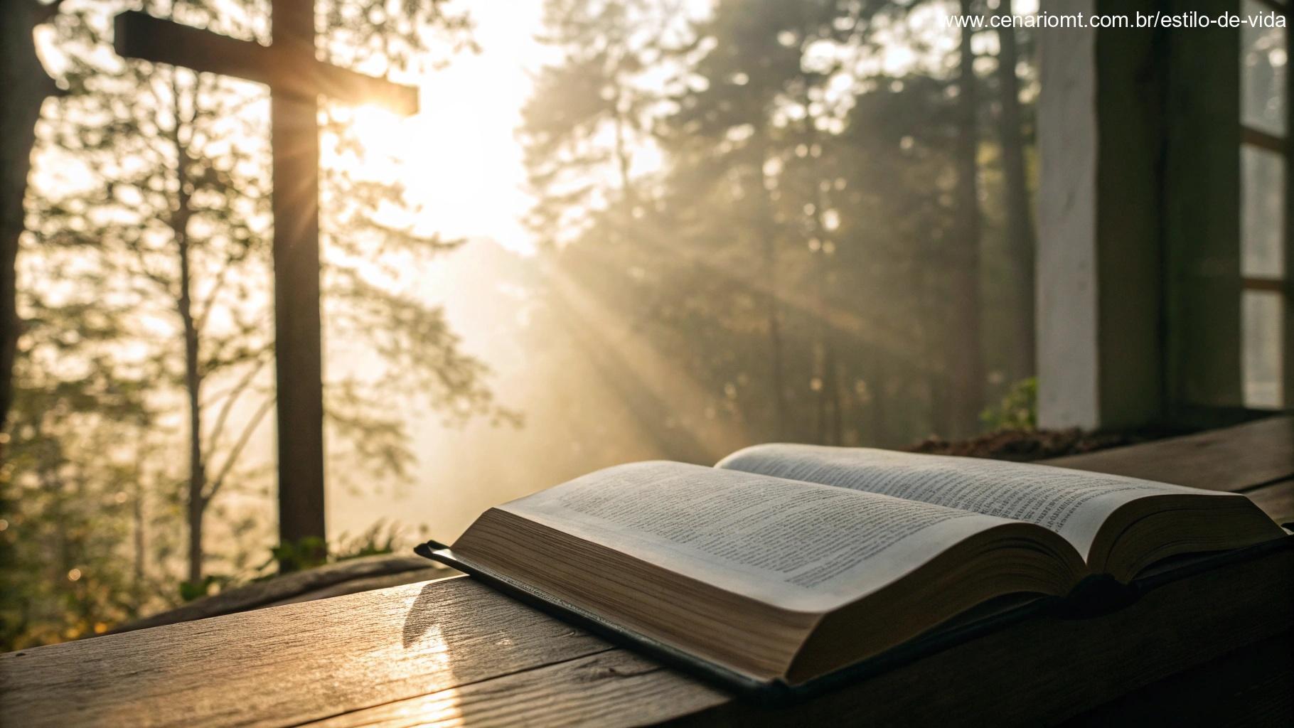 Uma Bíblia aberta com a luz suave do sol filtrando pelas páginas, simbolizando a leitura de um versículo aleatório da Bíblia, com uma atmosfera pacífica e sagrada.