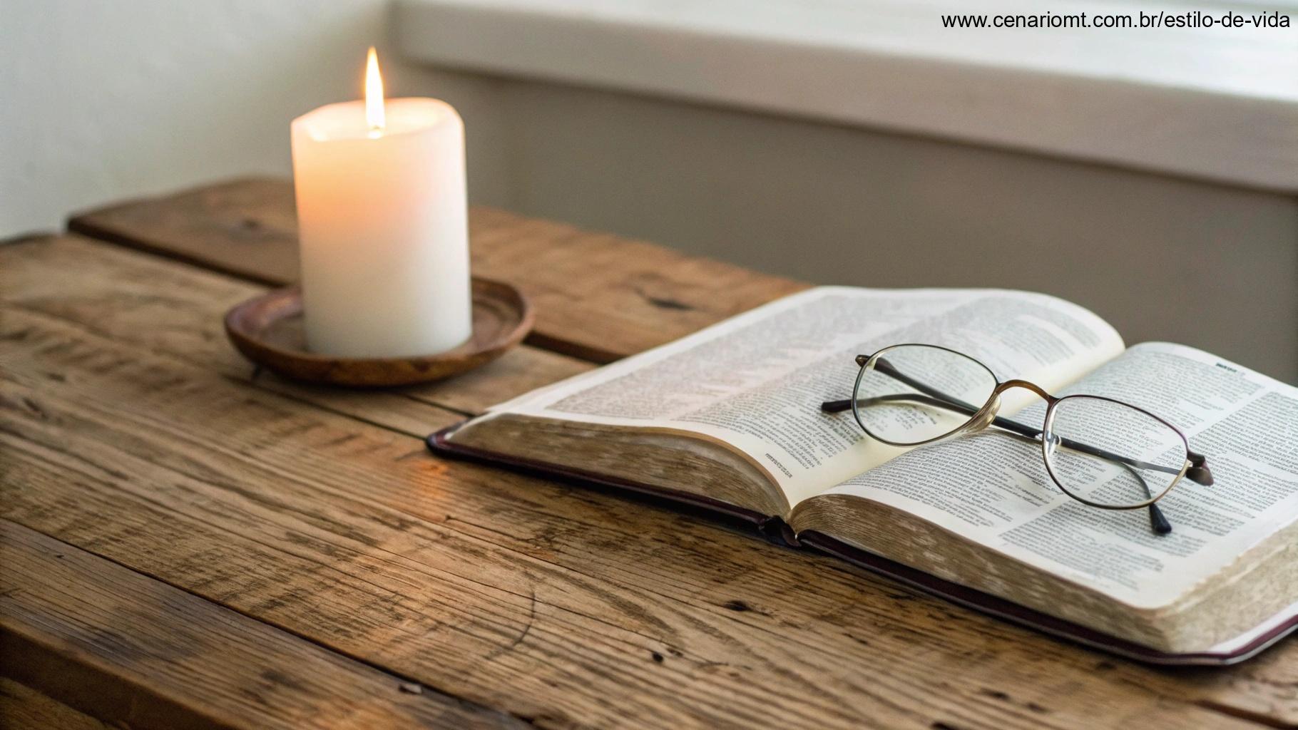 Bíblia aberta sobre uma mesa de madeira com uma vela acesa ao lado, emitindo uma luz quente, e um par de óculos de leitura repousando sobre as páginas