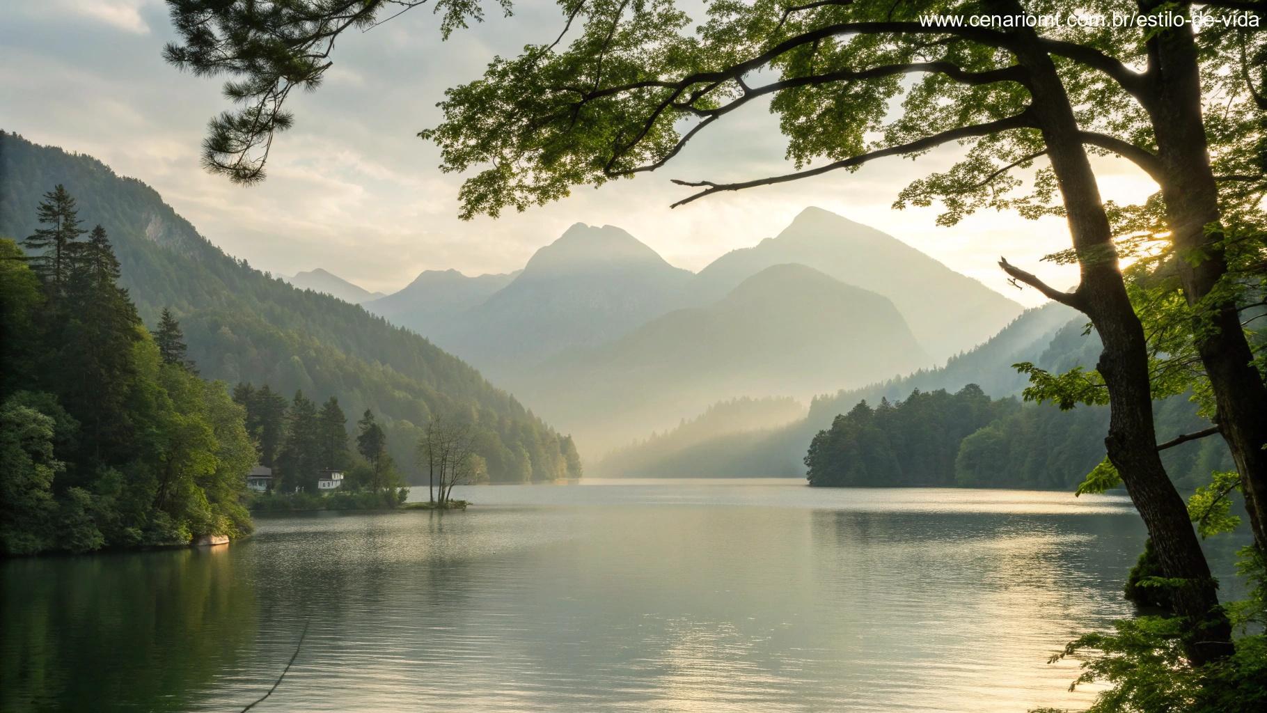 Lago tranquilo cercado por montanhas, representando reflexão e paz, relacionado ao Salmo 23.
