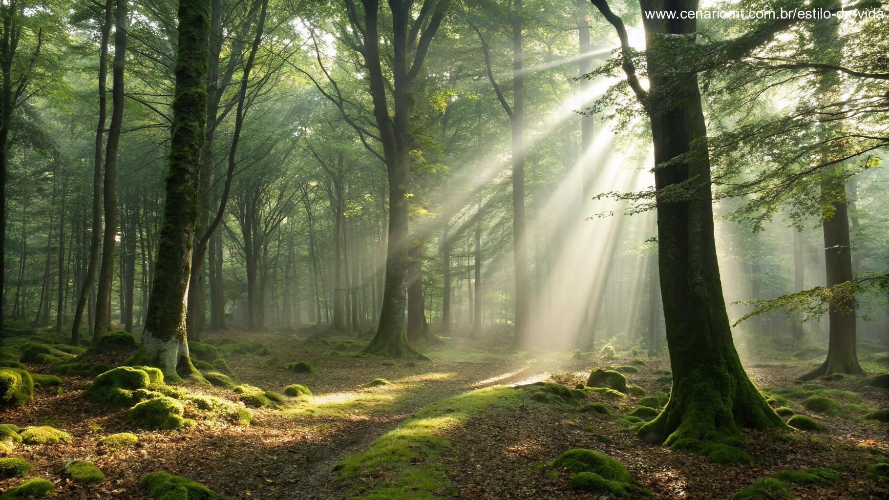 Floresta tranquila com raios de sol passando pelas árvores, criando um ambiente sereno.