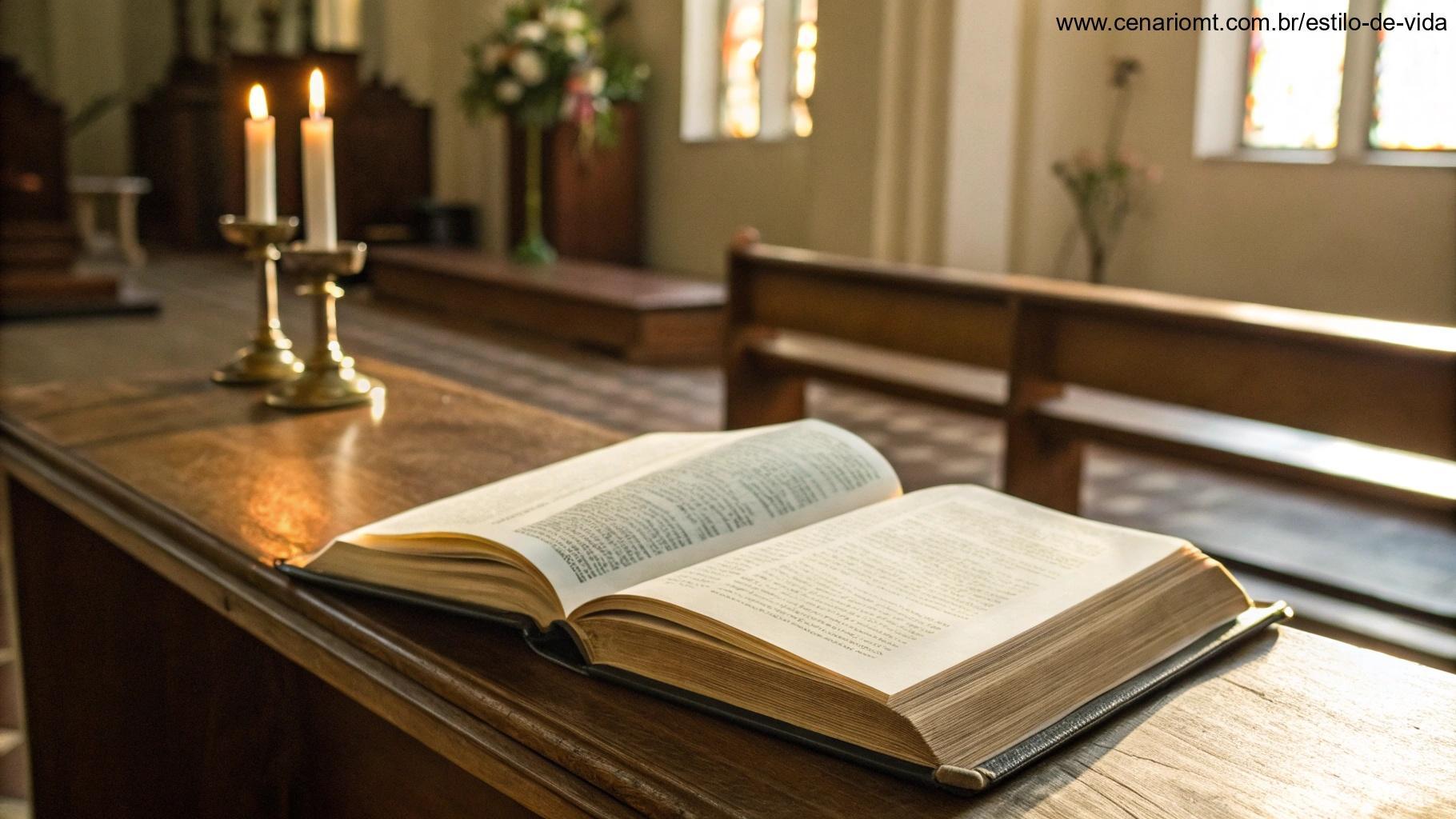 Imagem de um livro sagrado aberto sobre uma mesa de madeira, com luz suave iluminando suas páginas, simbolizando a reflexão e liturgia diária de um santo.