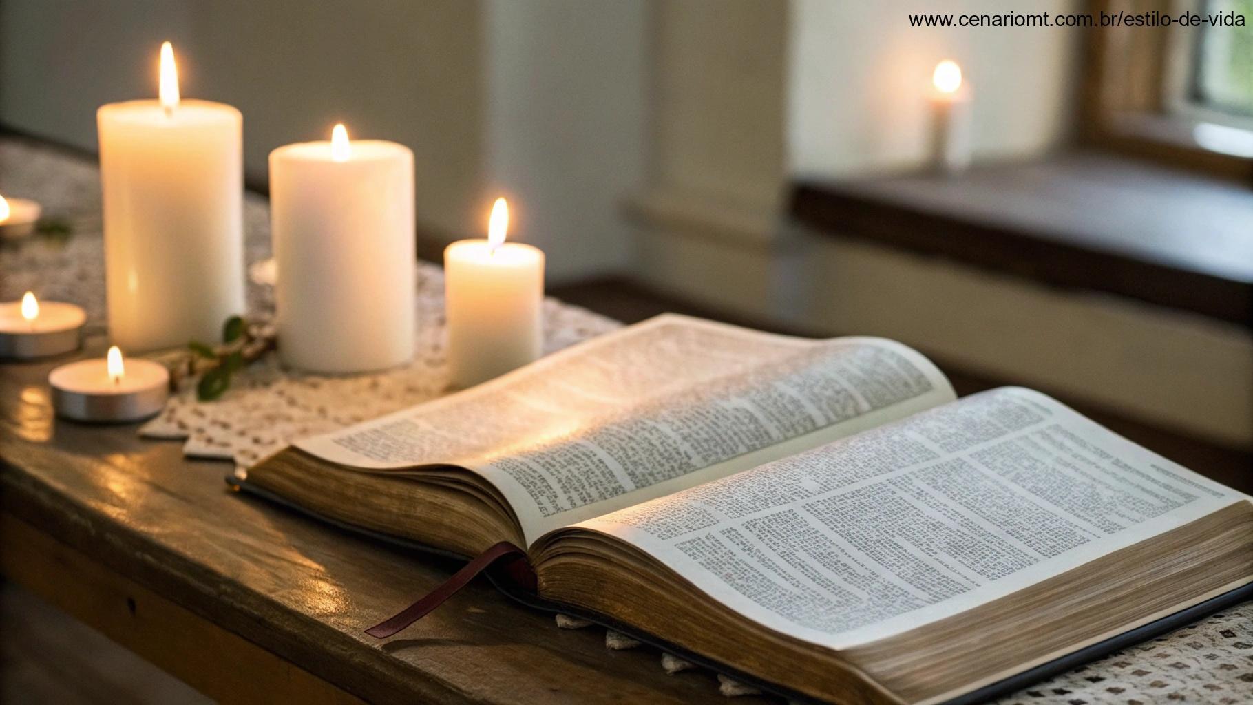 Bíblia aberta com luz suave, rodeada de velas, simbolizando meditação