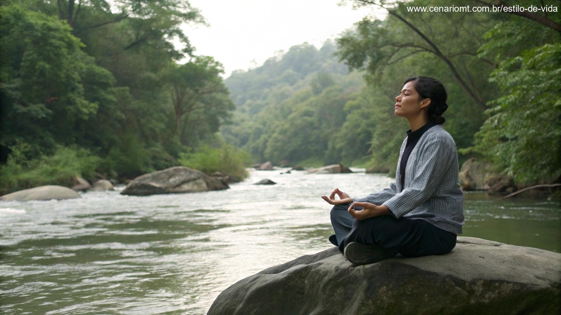 Pessoa sentada em uma pedra à beira de um rio fluindo, meditando com os olhos fechados, cercada pela natureza.