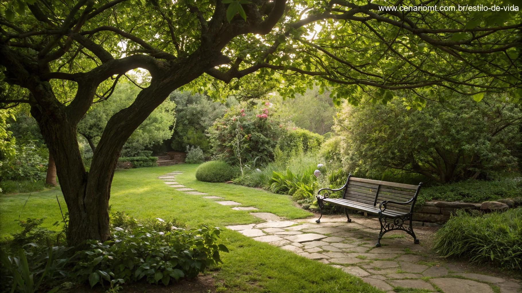 Um jardim tranquilo com um banco silencioso sob uma árvore, simbolizando a continuidade da reflexão e das orações em um ambiente sereno.