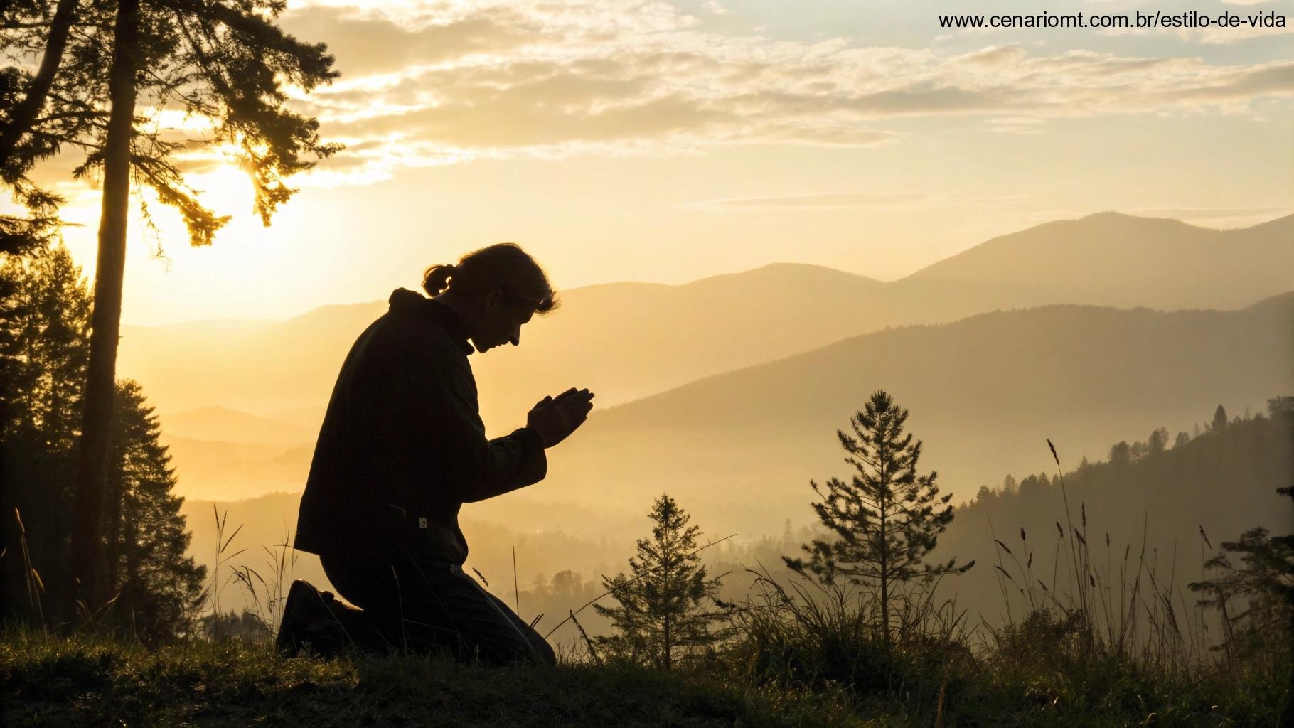 Espaço tranquilo e sereno para oração, com uma cruz de madeira na parede, uma vela queimando suavemente em uma mesa pequena e uma luz suave criando uma atmosfera contemplativa.