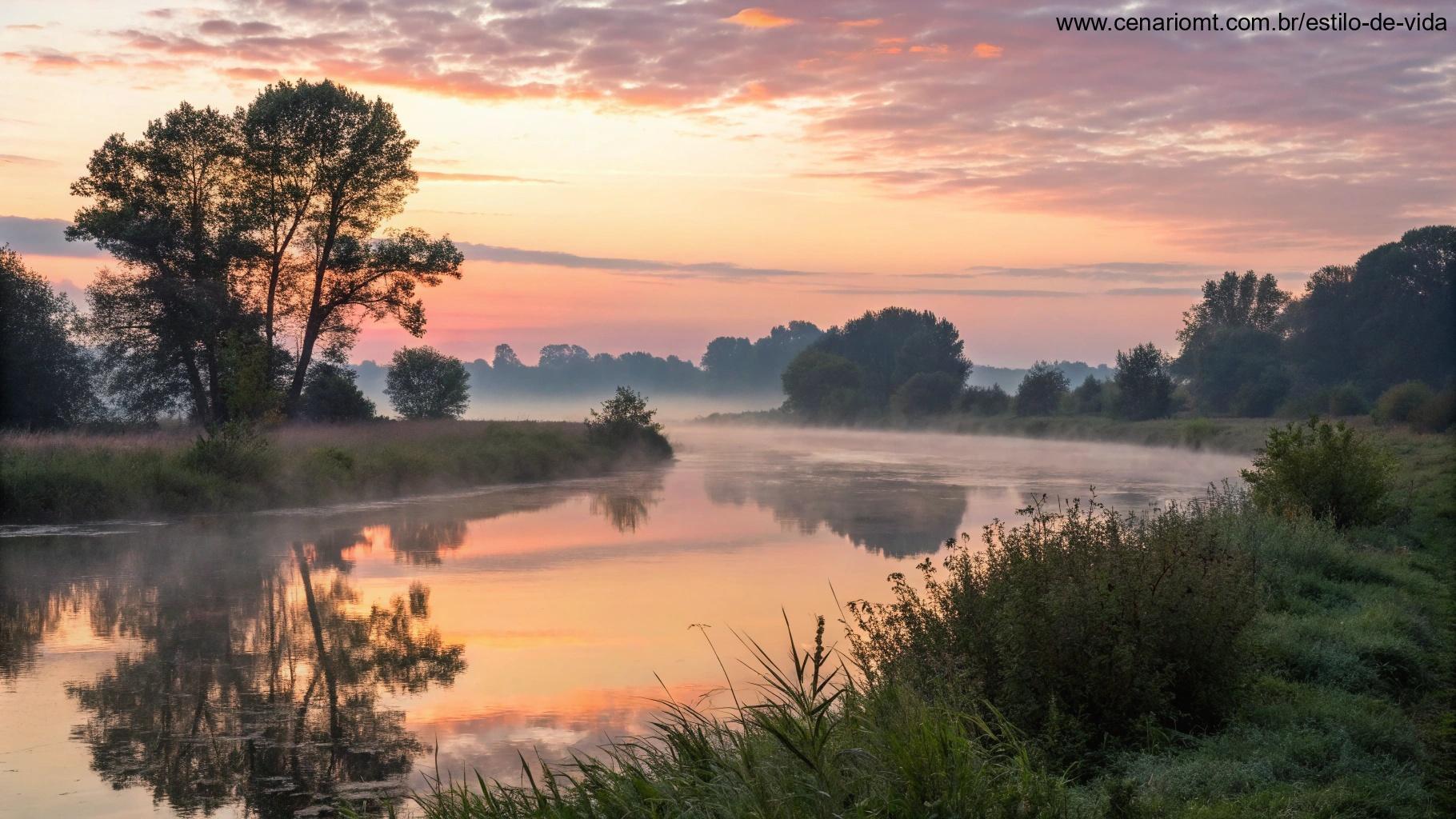 Paisagem tranquila ao amanhecer, com um rio calmo e árvores ao fundo, simbolizando reflexão espiritual.