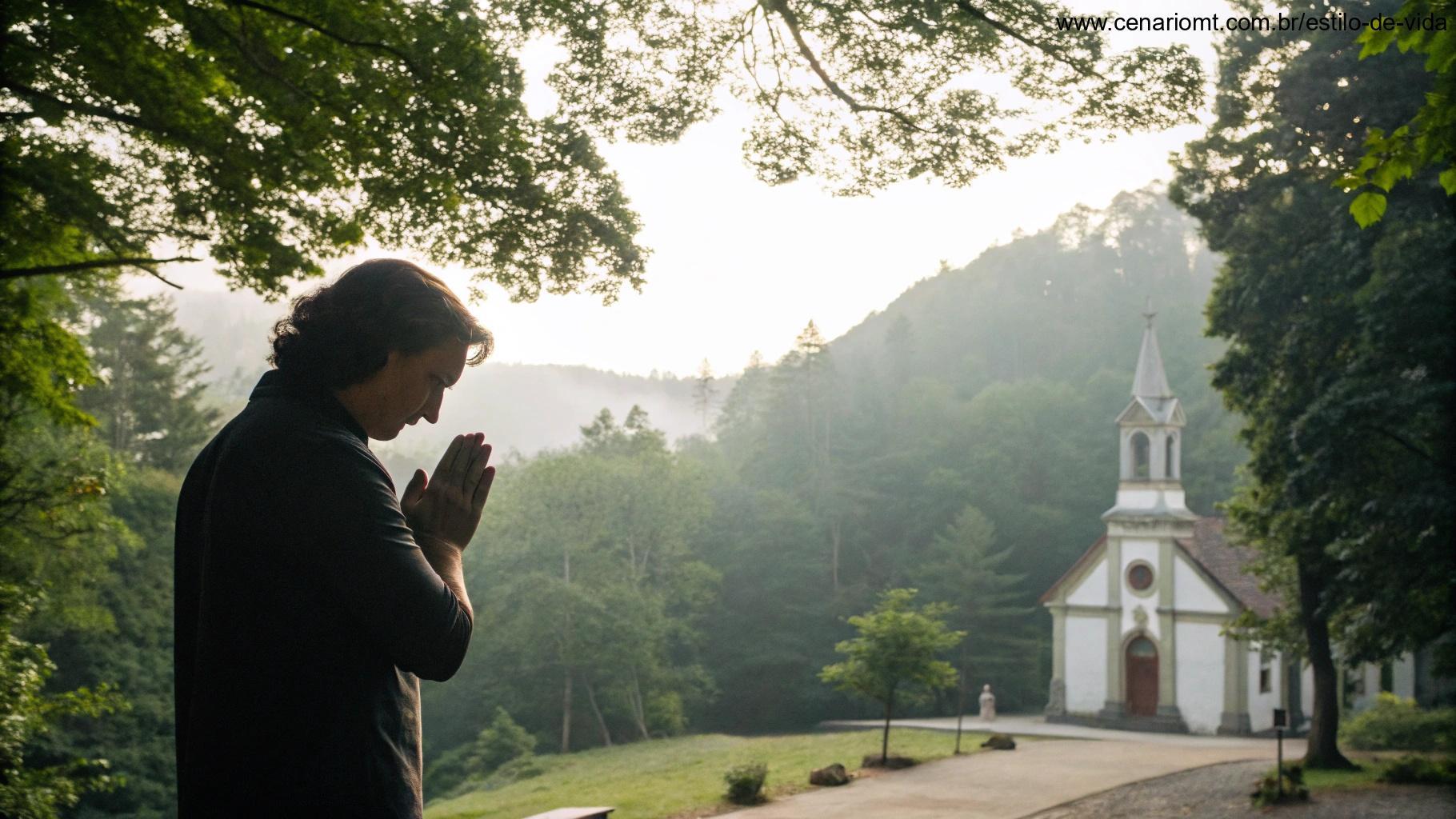 Cena tranquila ao ar livre com uma capela ao fundo e uma pessoa orando em meio à natureza, representando um momento de reflexão espiritual.