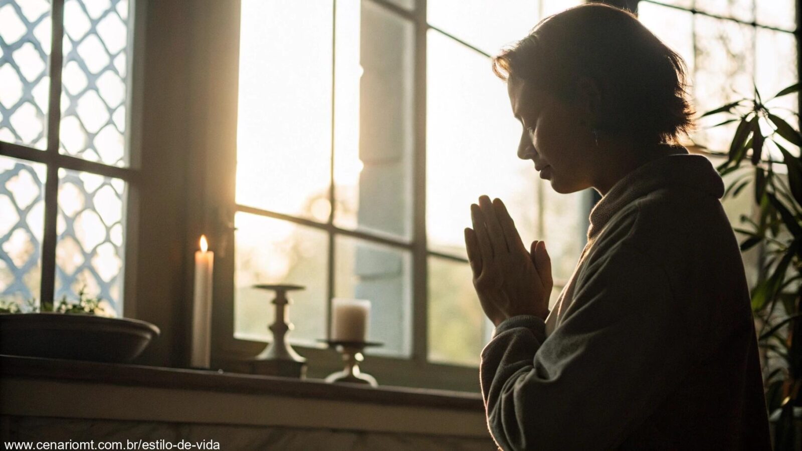 Reflexão espiritual em um ambiente tranquilo, com luz suave entrando pela janela e uma pessoa em oração