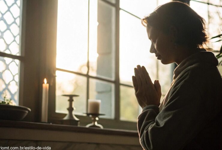 Reflexão espiritual em um ambiente tranquilo, com luz suave entrando pela janela e uma pessoa em oração