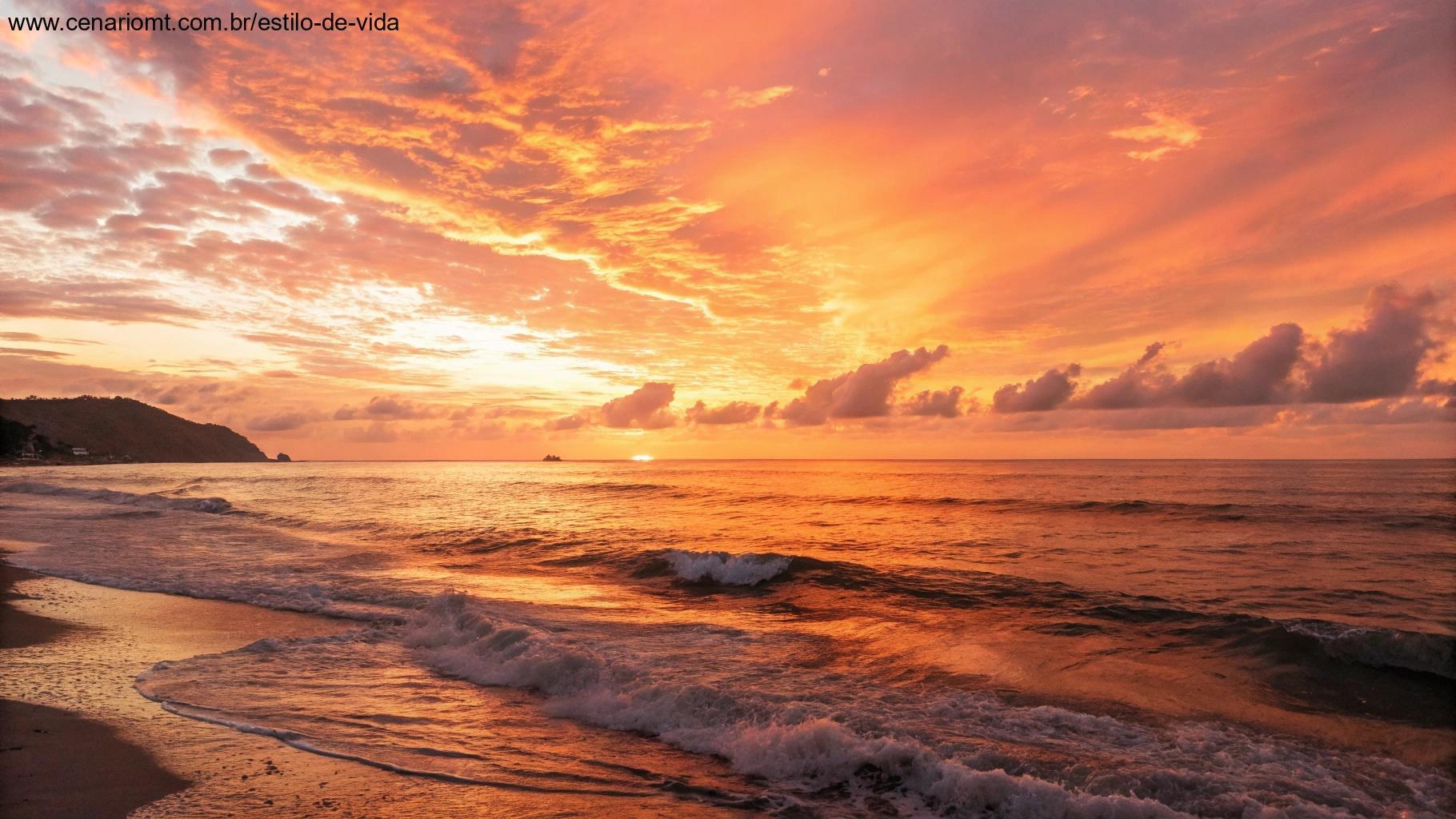 Pôr do sol vibrante sobre o oceano, com uma luz dourada suave, simbolizando força espiritual e reflexão, convidando ao crescimento pessoal e paz.