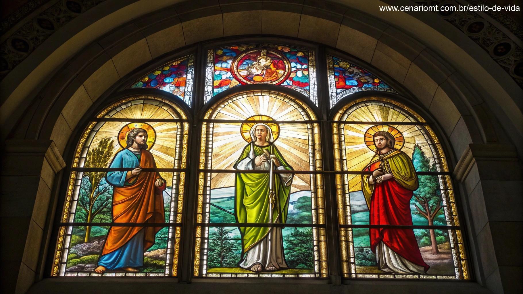 Representação artística de santos em vitral colorido, transmitindo uma mensagem de esperança e fé.
