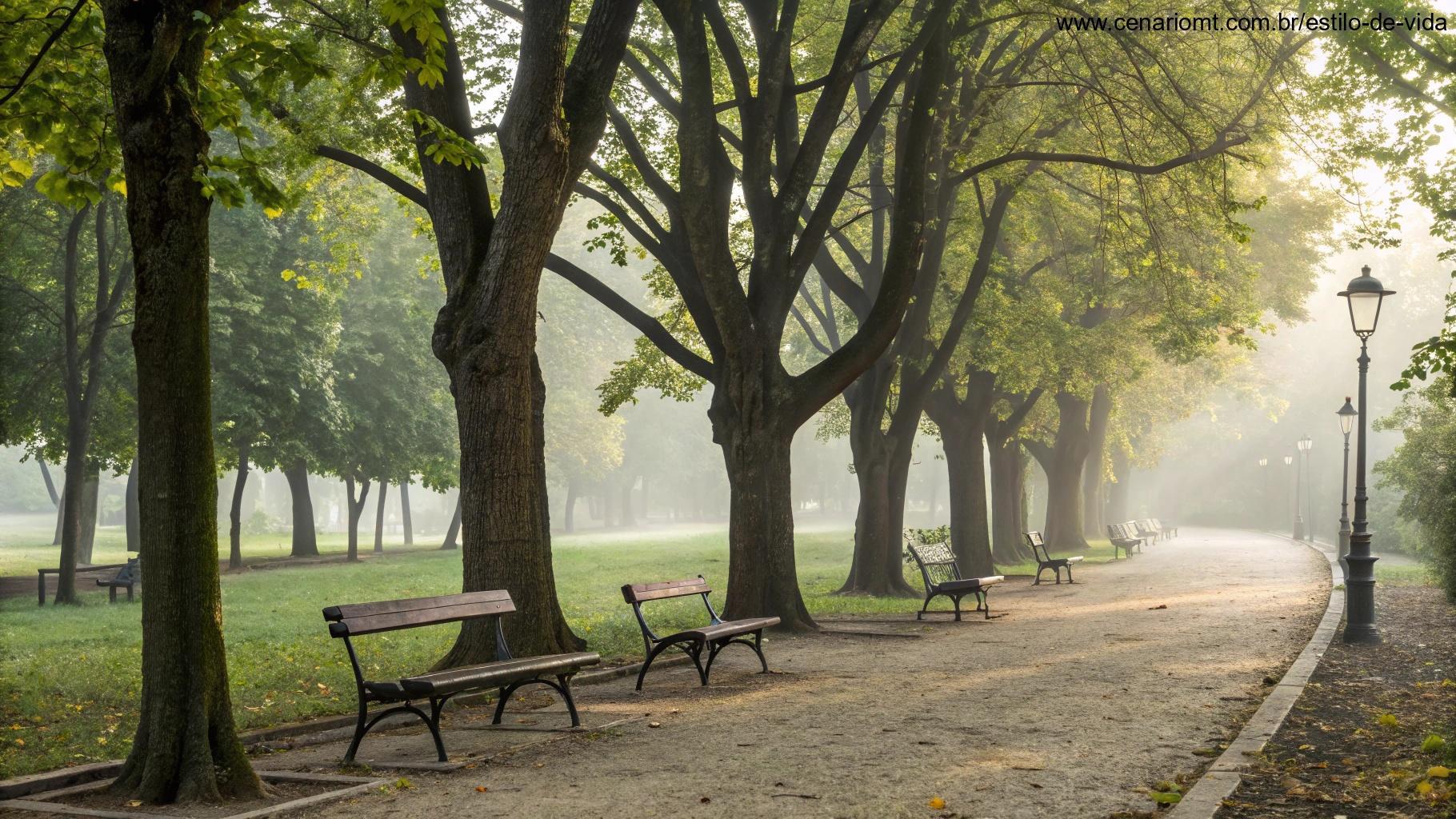 Parque tranquilo com bancos sob árvores, uma brisa suave e um momento de solitude para reflexão.