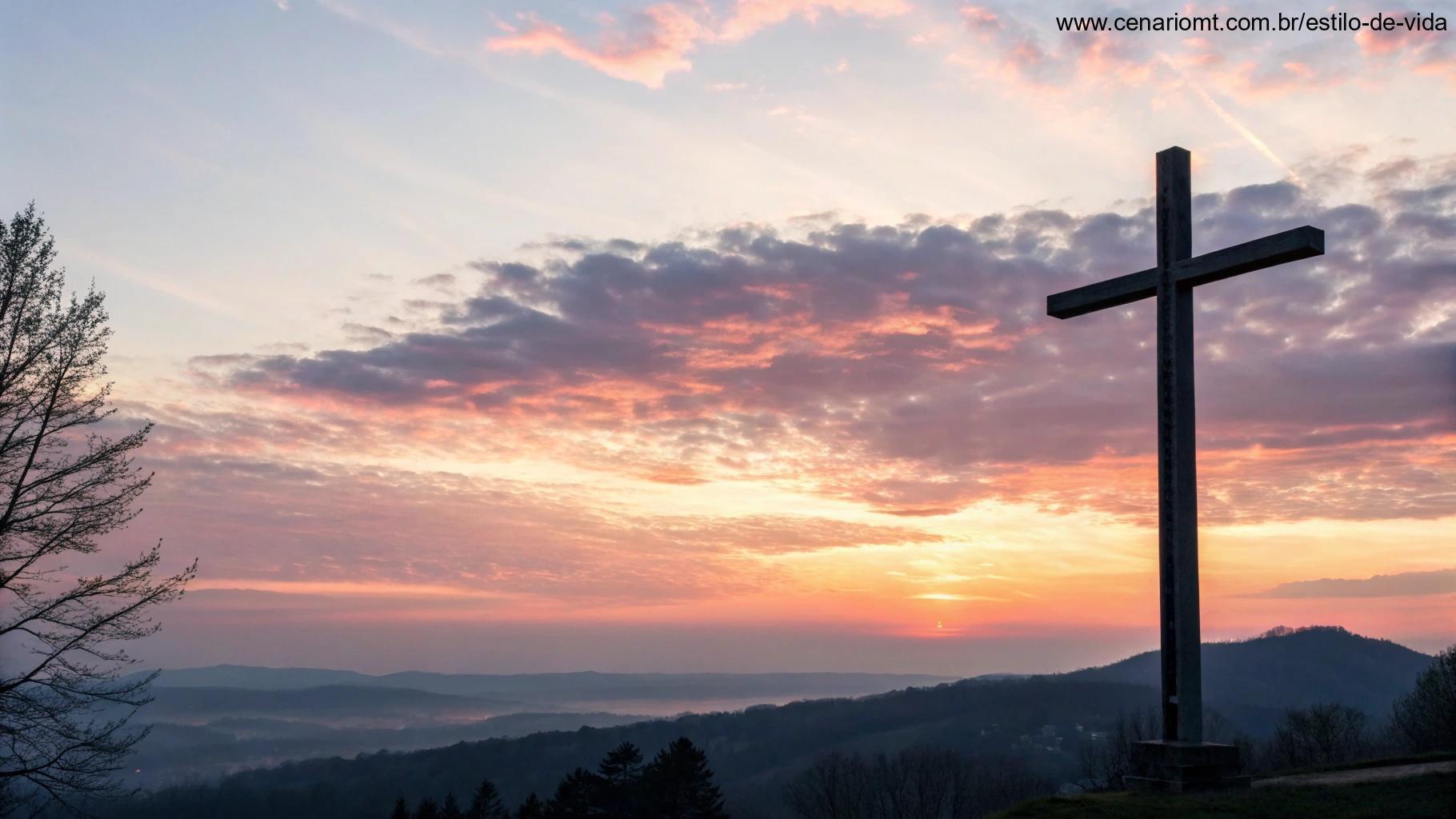 Imagem serena de uma cruz com o amanhecer ao fundo, criando uma atmosfera tranquila e espiritual.