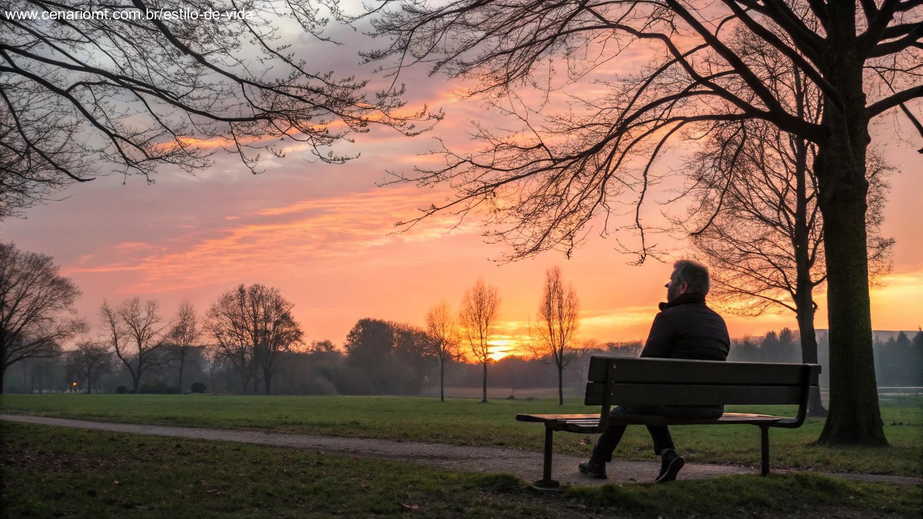 Pessoa sentada em um banco de parque olhando para um pôr do sol sereno