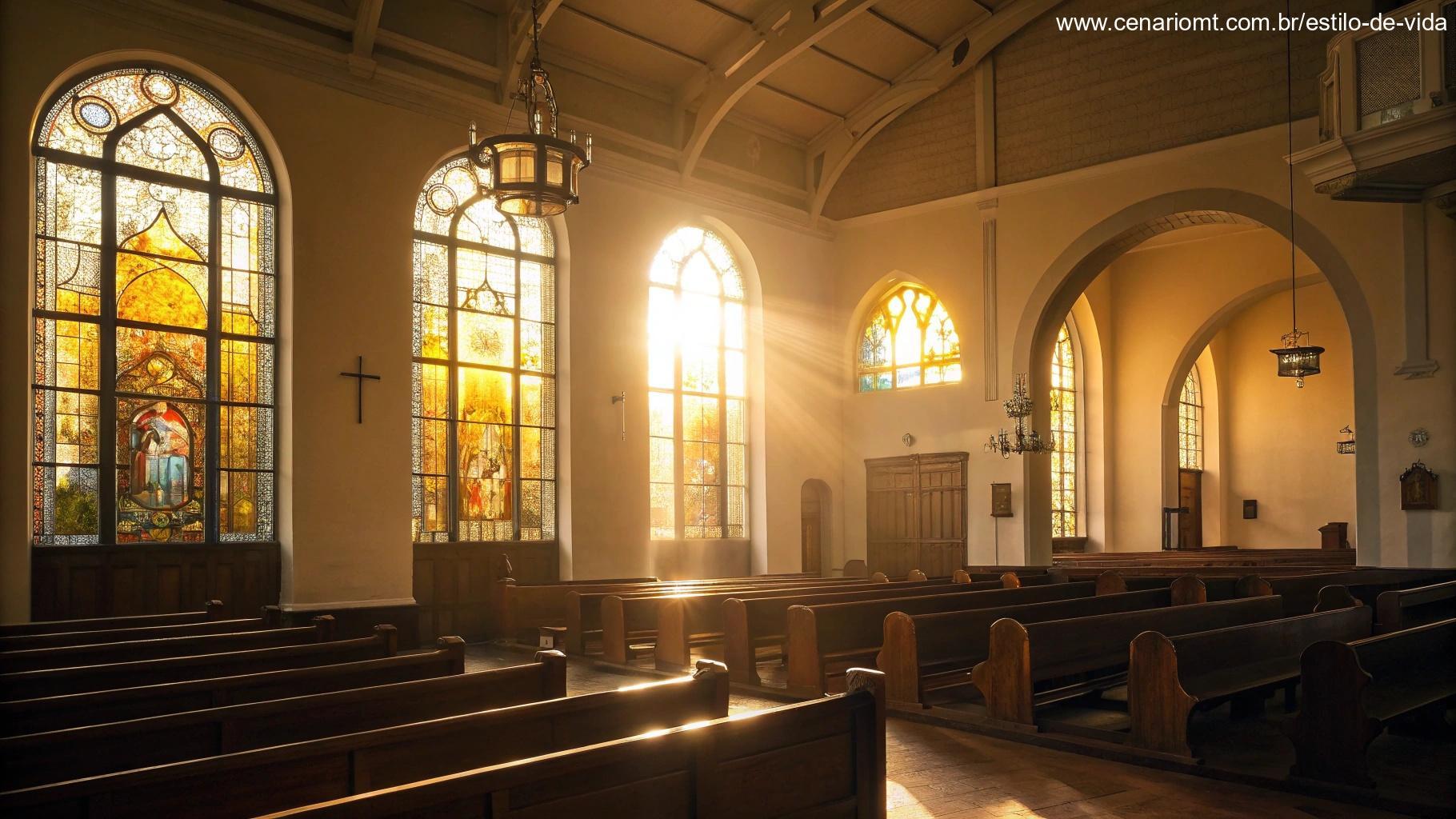 Imagem acolhedora e reflexiva de uma igreja silenciosa e vazia, com luz suave filtrando pelas janelas de vitrais, convidando à contemplação.