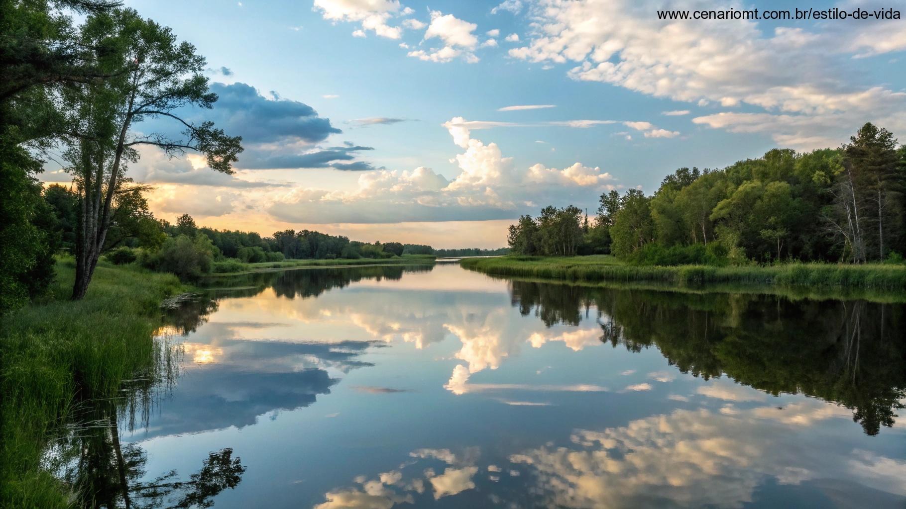 Cena tranquila com a natureza ao fundo e águas calmas refletindo o céu simbolizando a reflexão para o dia de amanhã.