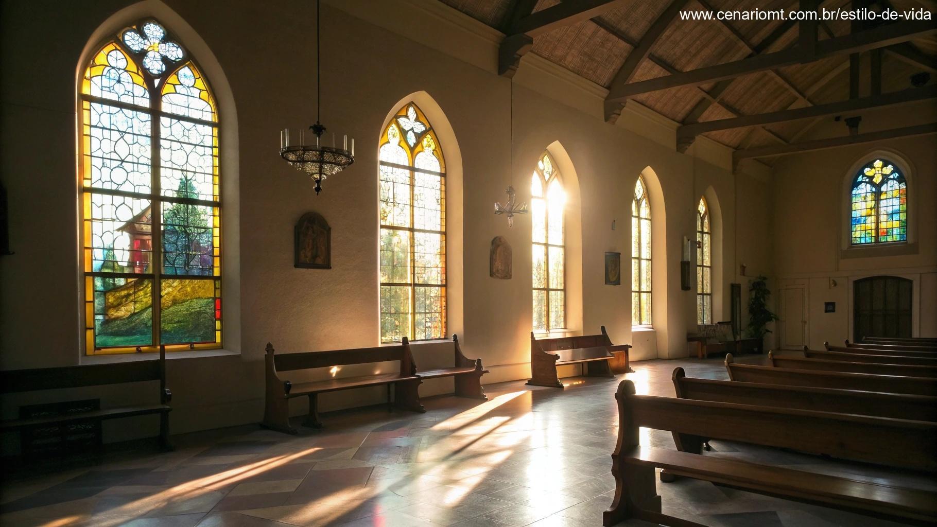 Interior silencioso de uma igreja com luz do sol entrando por vitrais coloridos