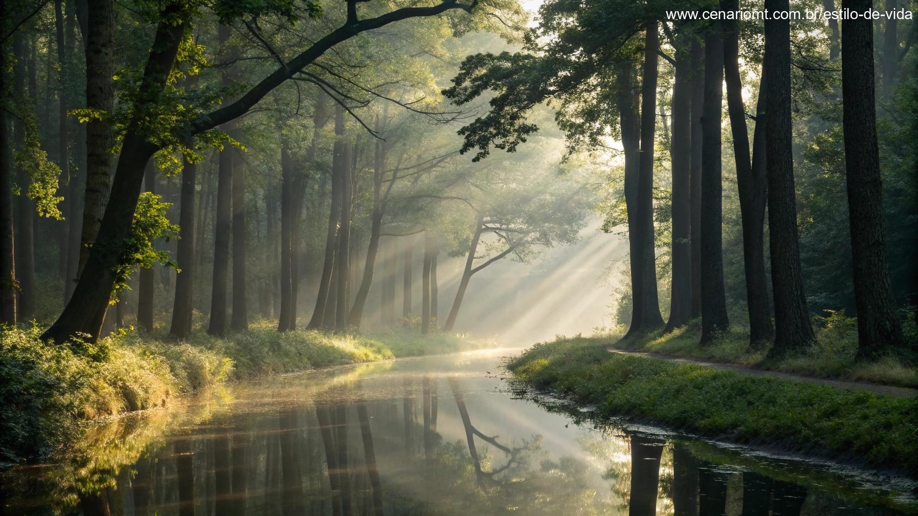 Uma cena tranquila de reflexão em uma floresta silenciosa com luz suave entrando pelas árvores, simbolizando o momento de reflexão do meio da semana.
