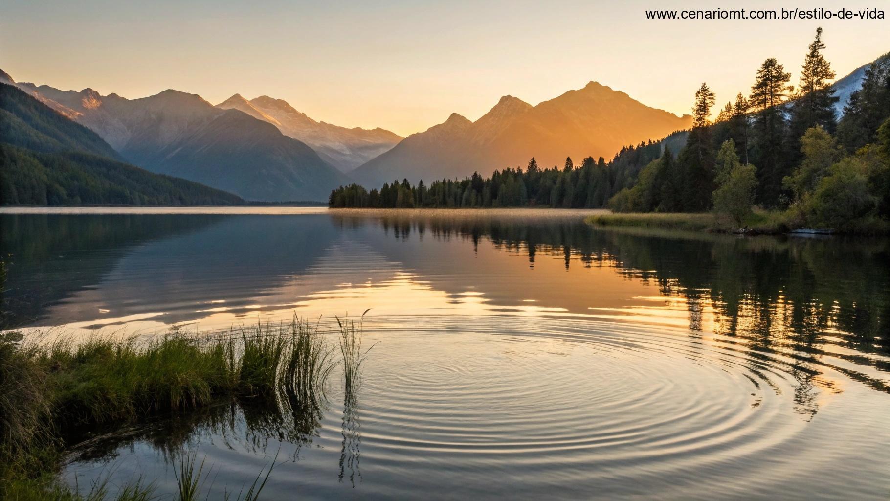 Lago tranquilo ao amanhecer com luz suave refletindo na água