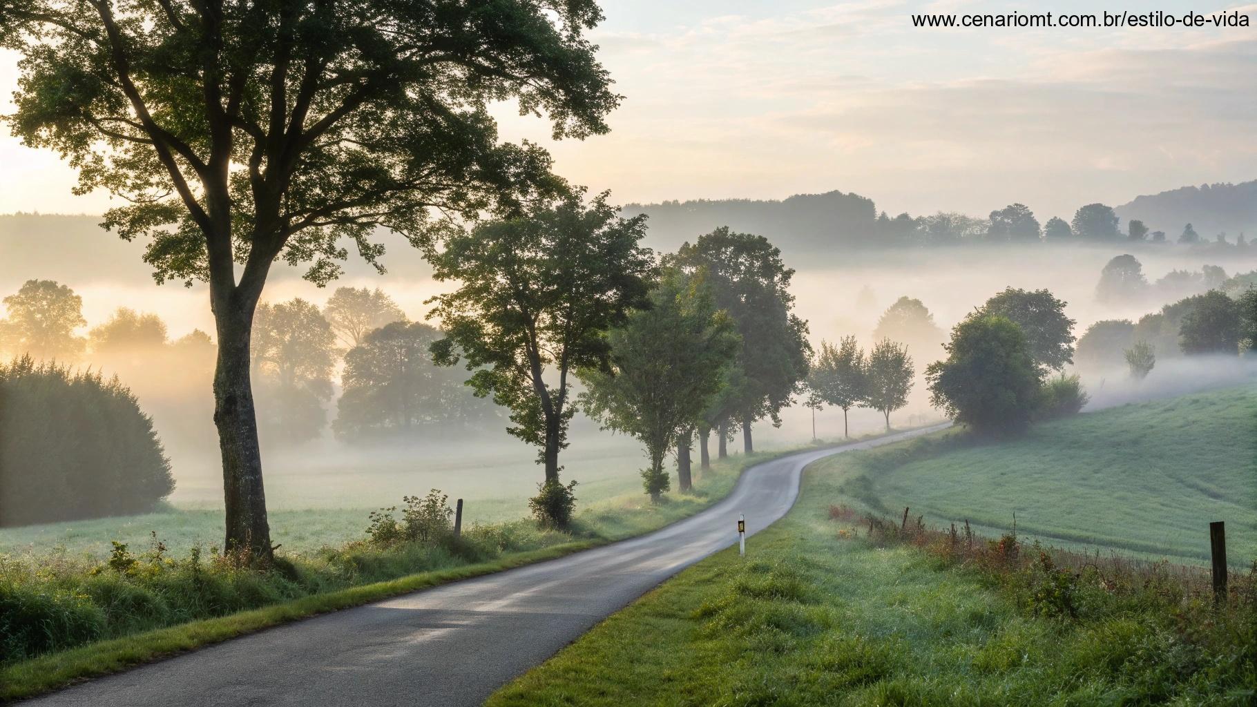 Paisagem de manhã com neblina, simbolizando reflexão e serenidade.