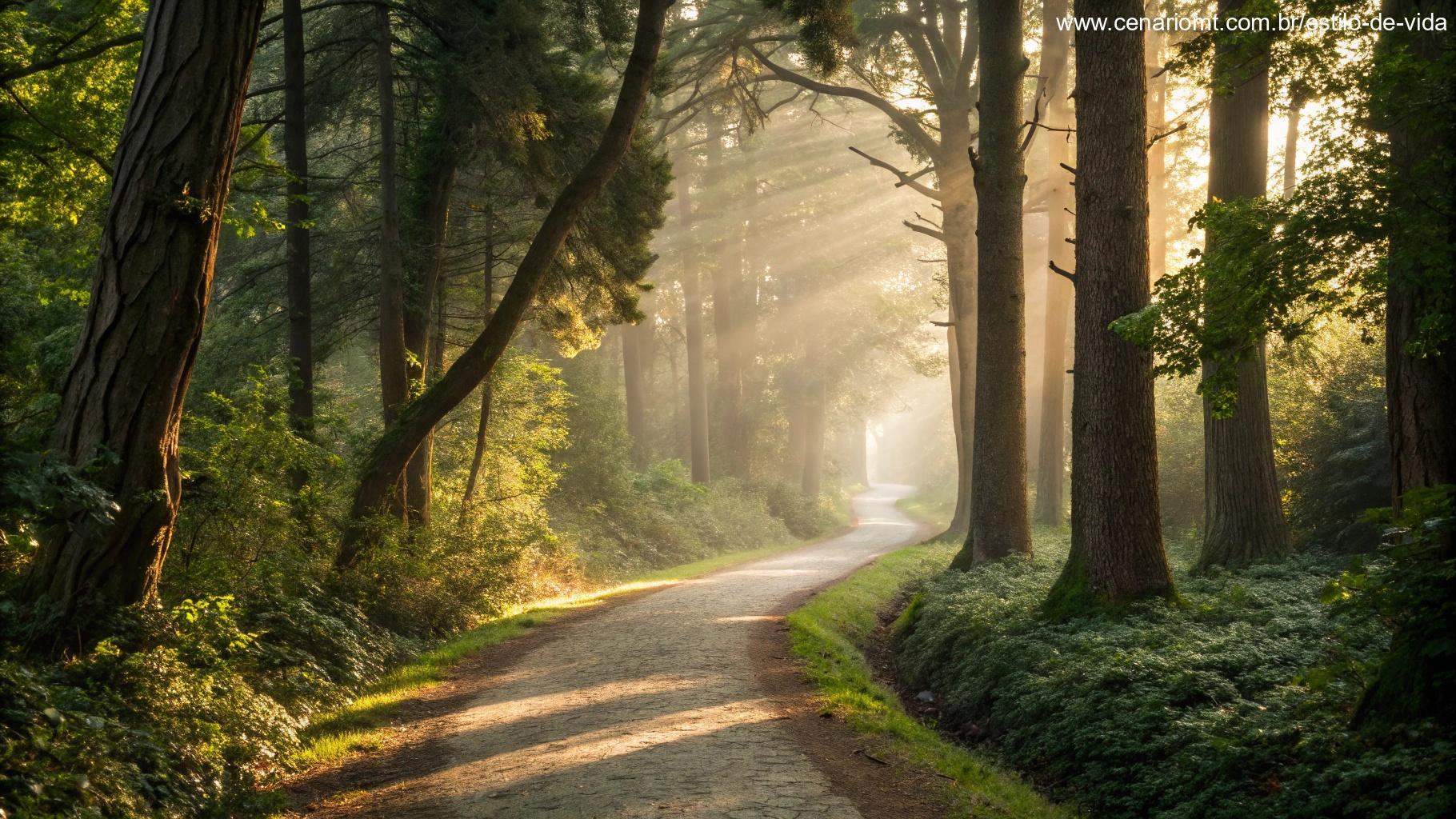 Caminho sereno na floresta iluminado por luz suave, simbolizando jornadas espirituais e introspecção.
