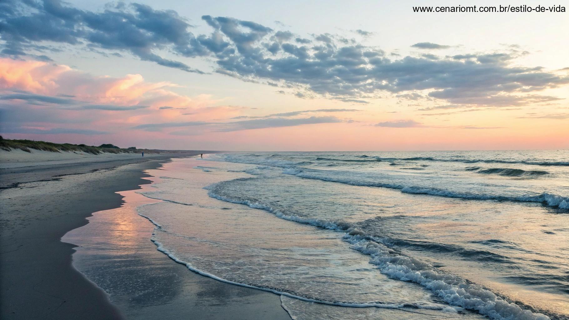 Praia tranquila ao pôr do sol com ondas suaves batendo na areia. Um cenário pacífico para reflexão.