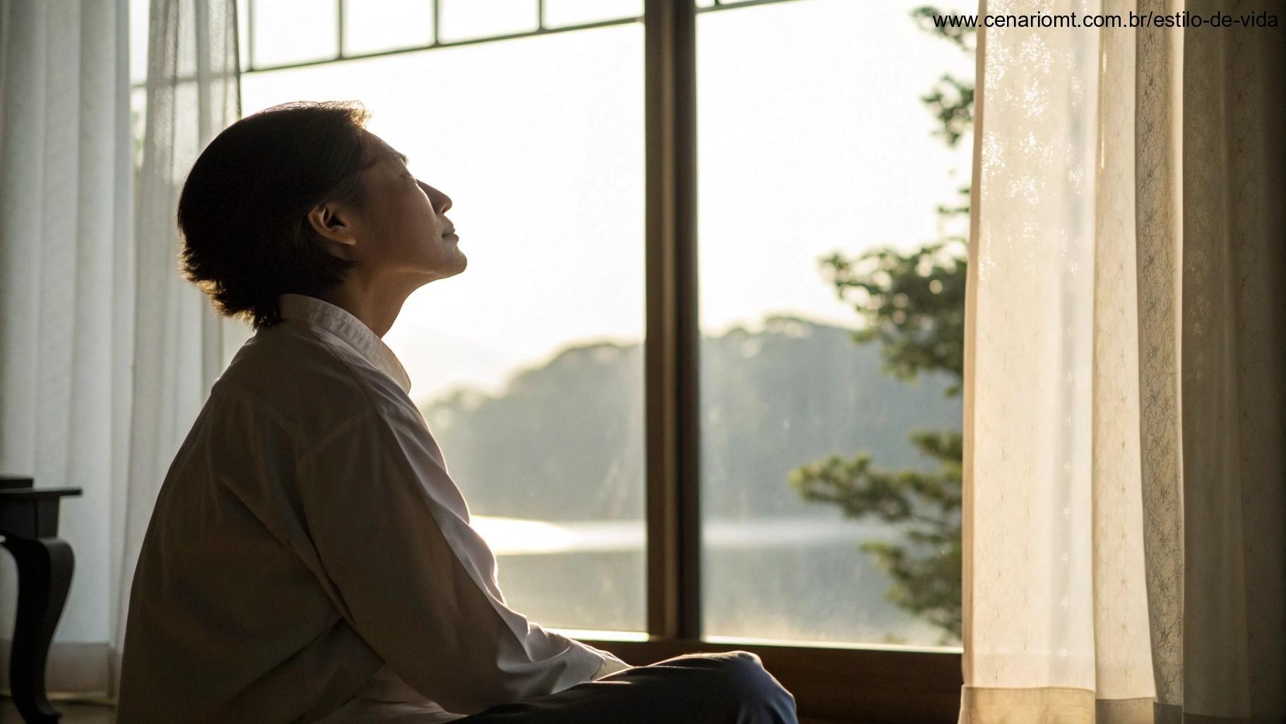 Pessoa em reflexão silenciosa, com olhos fechados, em um ambiente tranquilo com luz suave.