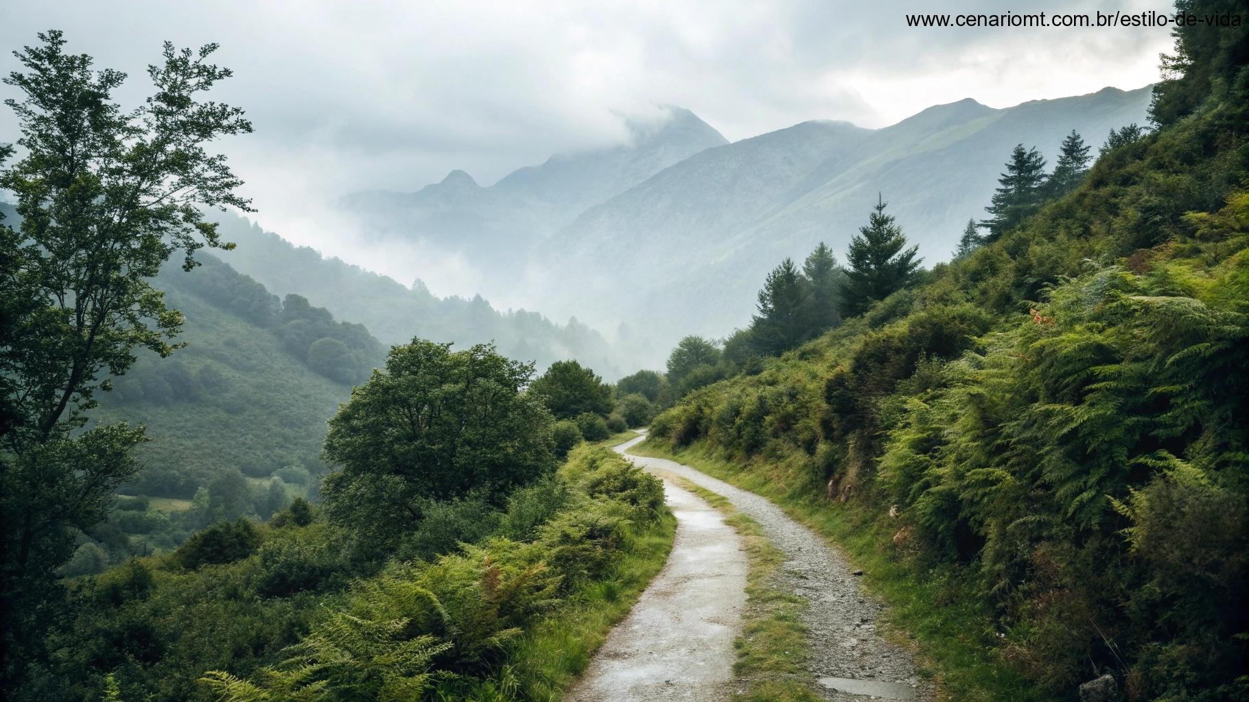 Caminho solitário nas montanhas, cercado por vegetação e montanhas ao fundo, com uma atmosfera de reflexão.