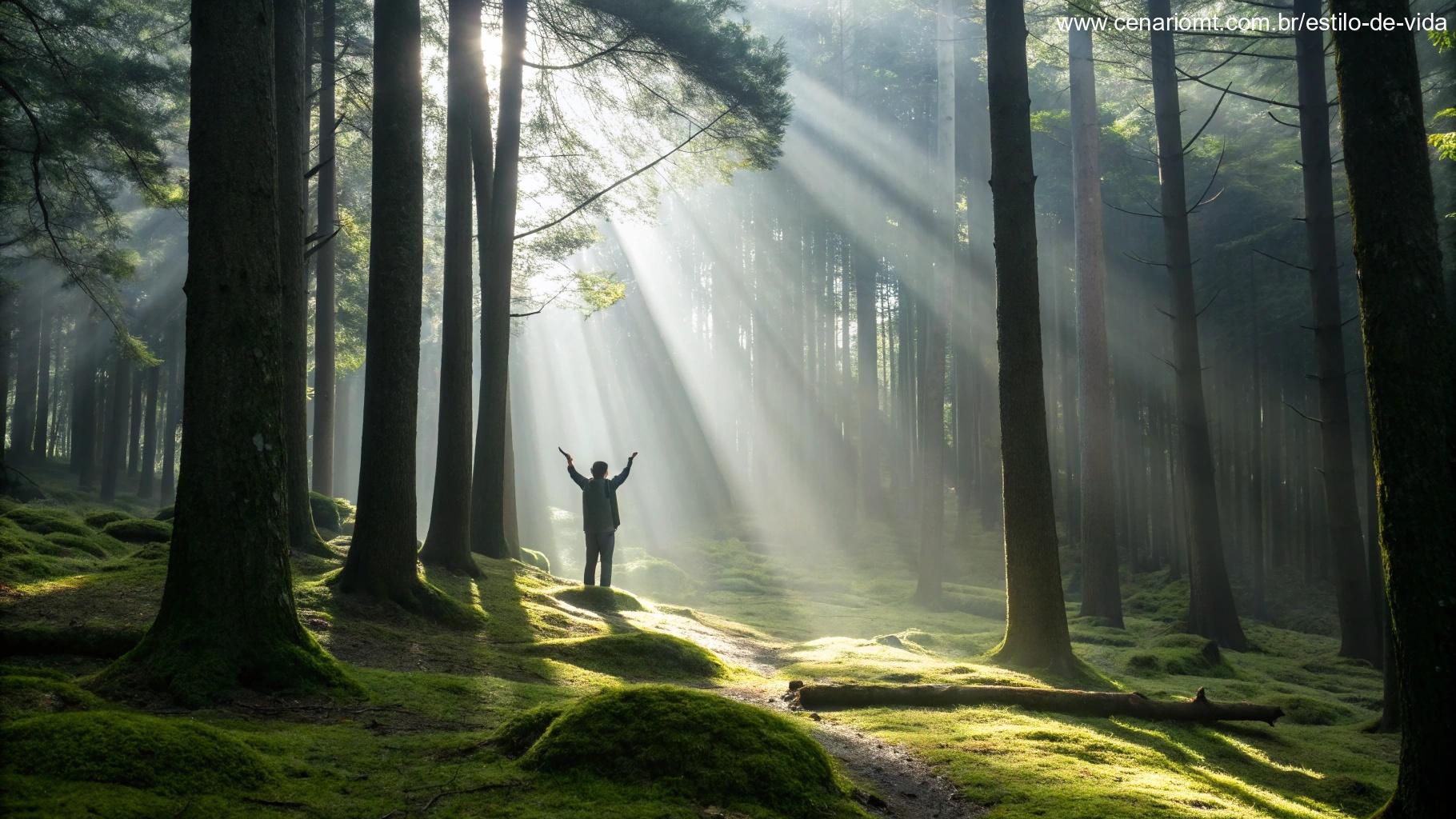 Uma floresta serena com raios de luz quebrando pelas árvores e uma pessoa em oração, simbolizando a força espiritual.