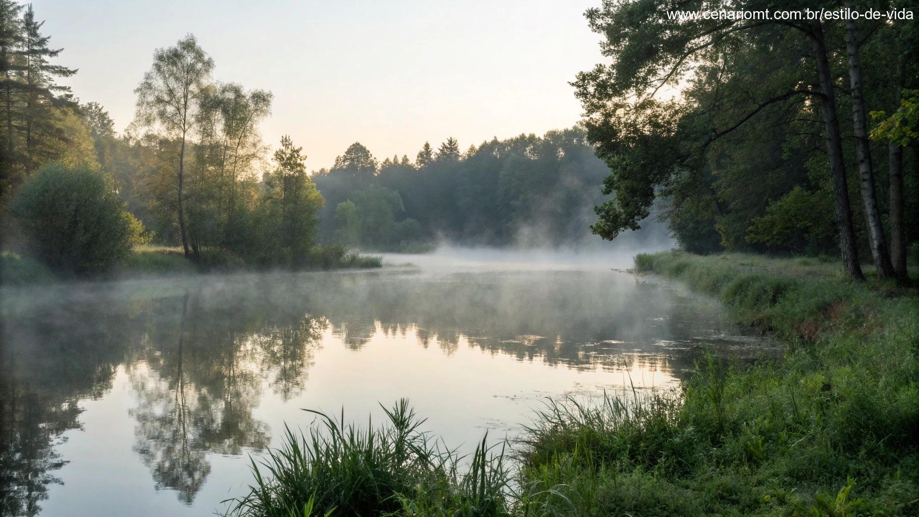 Imagem simples e tranquila de um pequeno lago cercado por árvores, com névoa matinal flutuando sobre a água, simbolizando reflexão e gratidão neste domingo.