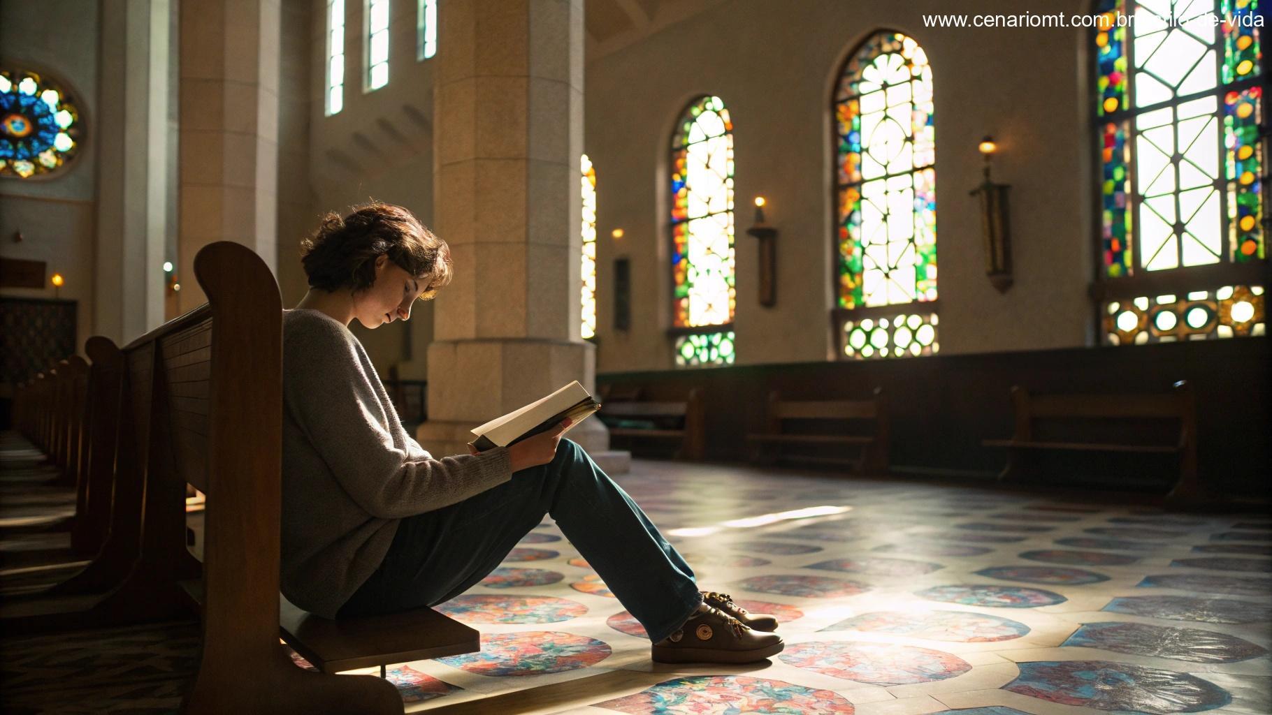 Pessoa refletindo sobre a liturgia de hoje em uma igreja tranquila enquanto lê uma passagem da Bíblia.