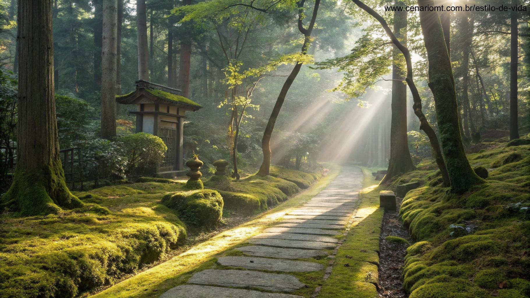 Caminho tranquilo na floresta, simbolizando a reflexão e o crescimento espiritual.