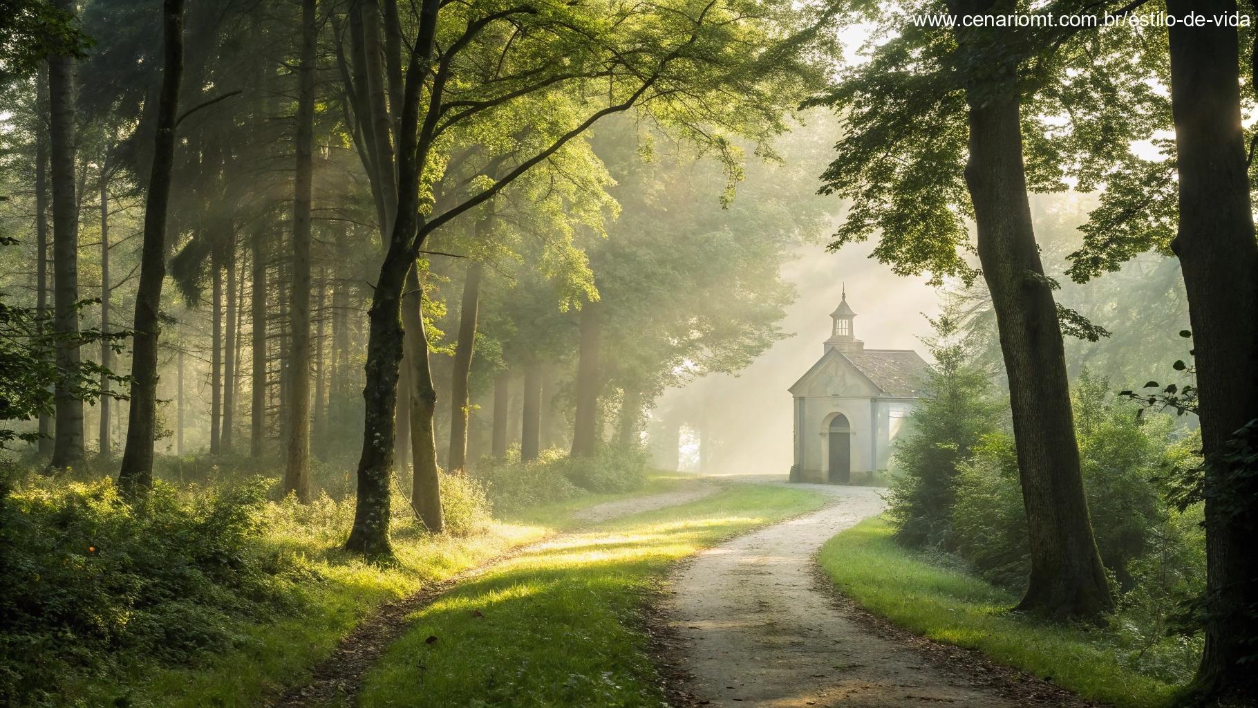 Cena tranquila de caminho na floresta com luz suave filtrando pelas árvores, levando a uma capela