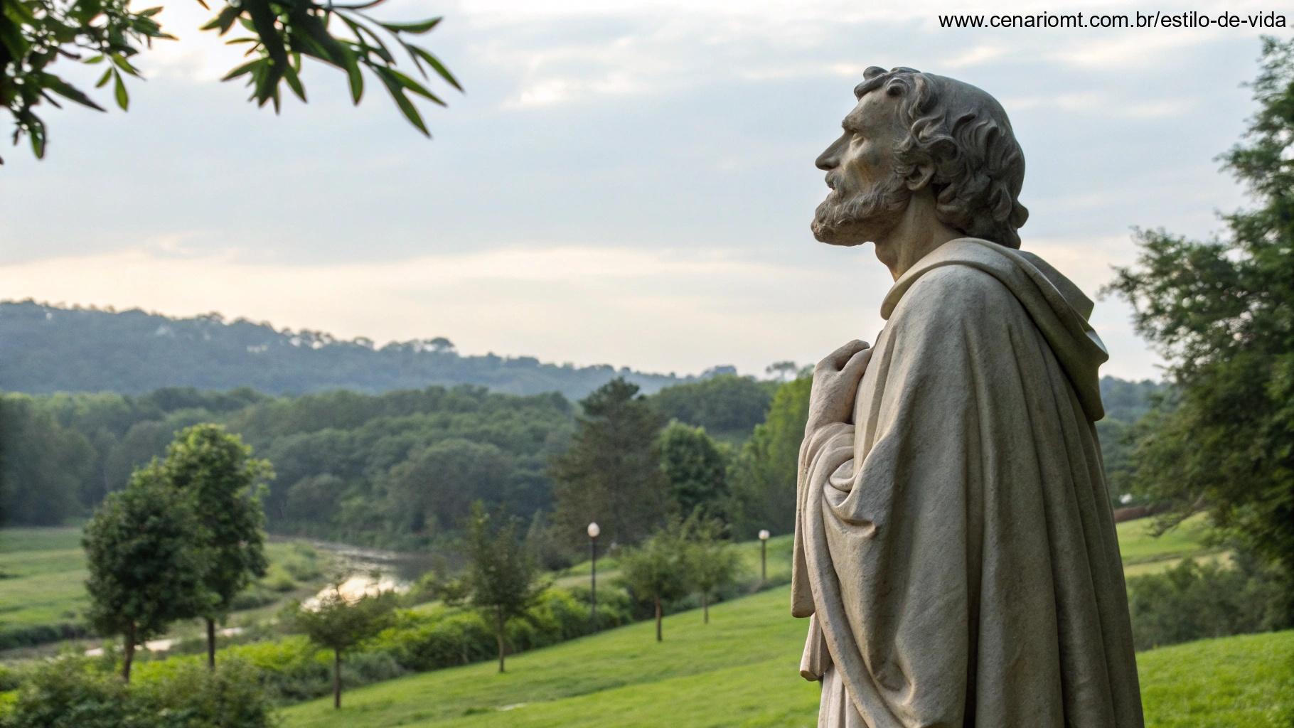 Cena reflexiva de São José em uma paisagem tranquila, simbolizando sua intercessão.