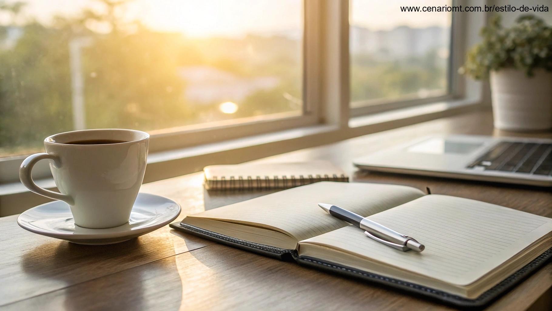 Mesa de escritório tranquila com uma xícara de café, um diário aberto e uma caneta, ao lado de uma janela com luz suave da manhã.