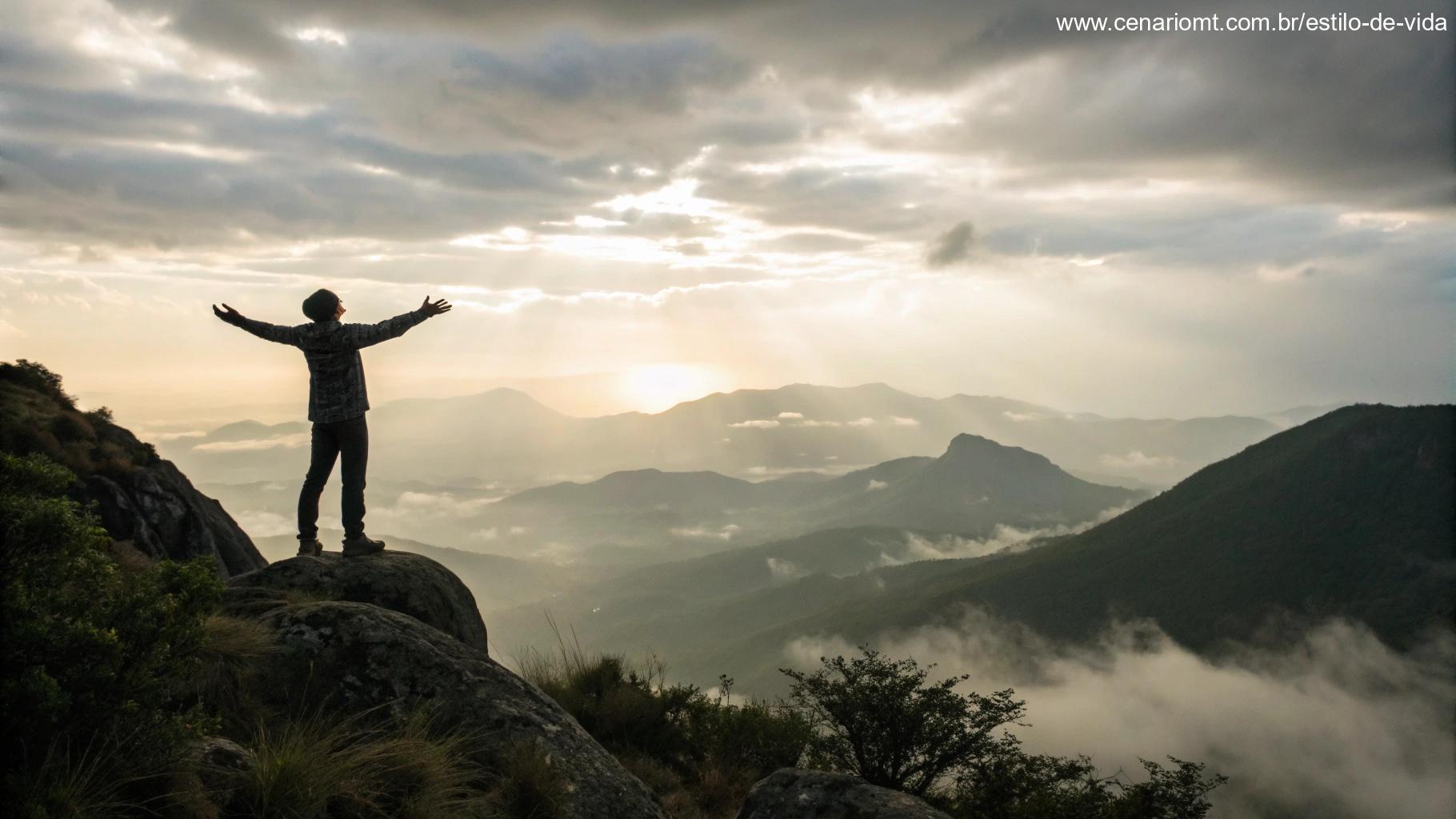 Imagem serena de uma pessoa de pé no topo de uma montanha, simbolizando a força e determinação encontradas em Filipenses 4:13.