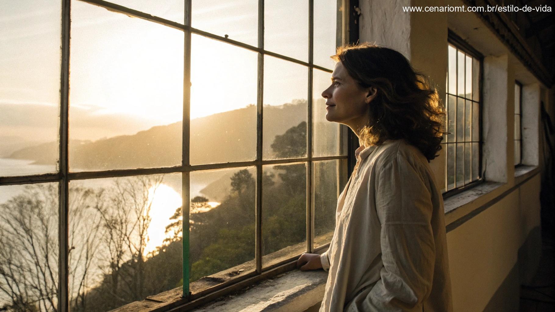Cena reflexiva com uma mulher olhando pela janela, com luz suave entrando