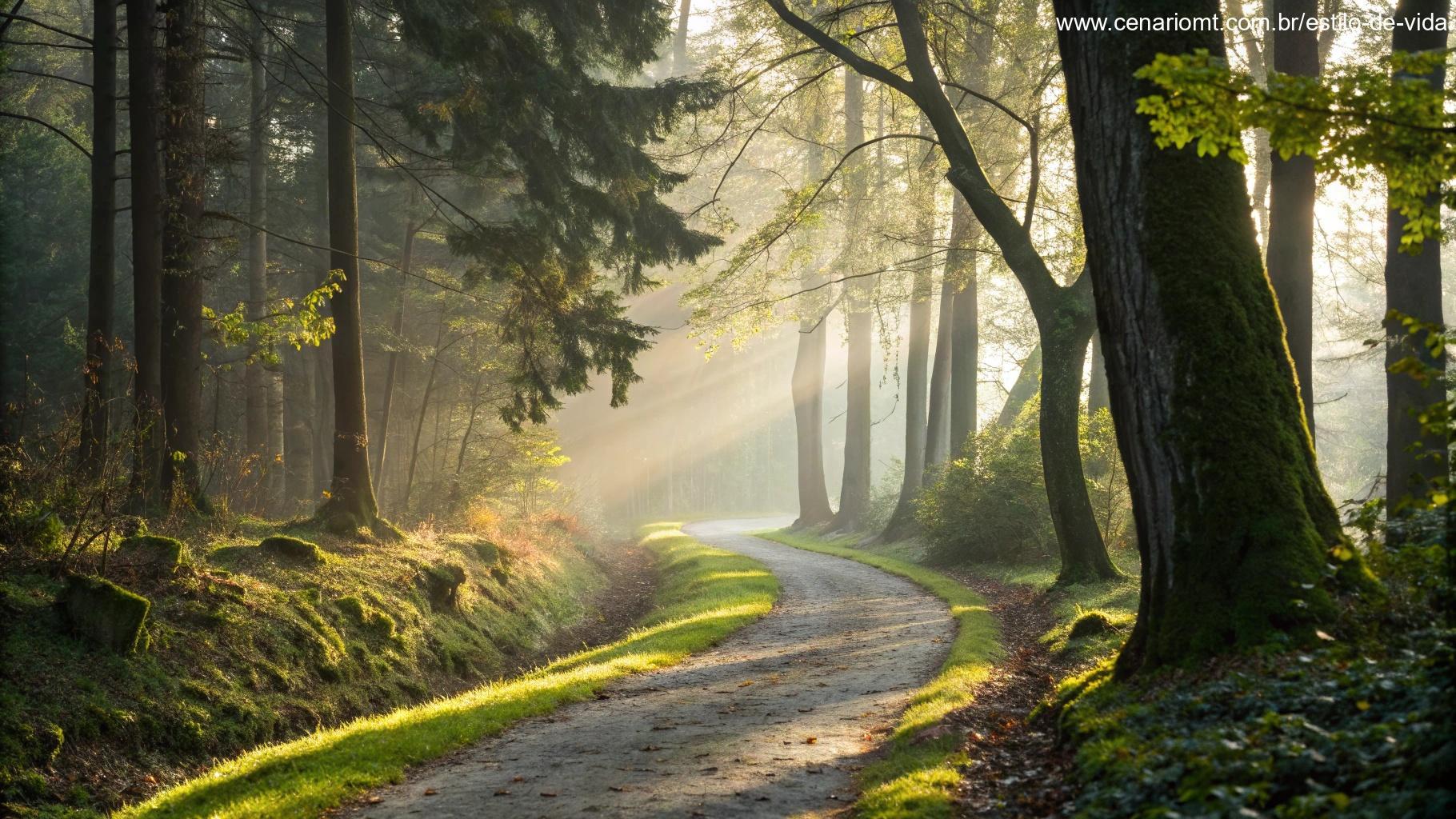 Caminho tranquilo na floresta com a luz suave do sol filtrando pelas árvores, convidando à contemplação.