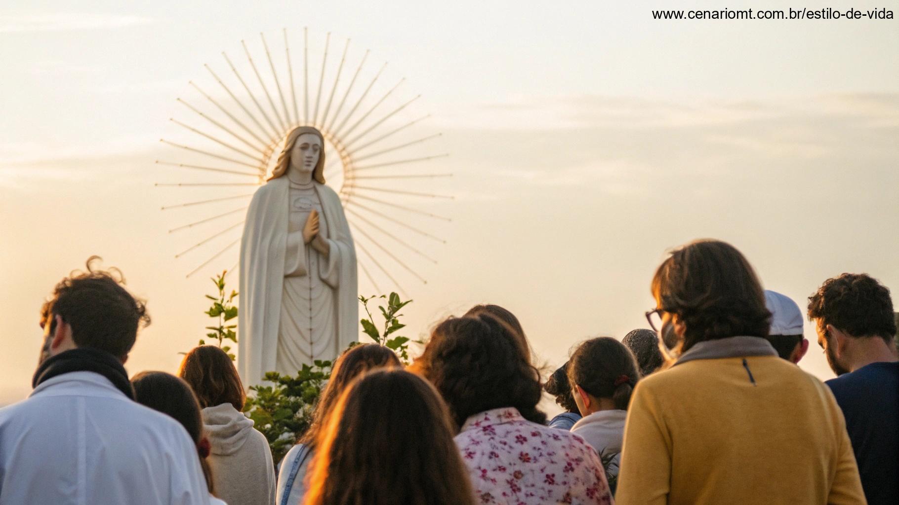 Santo rodeado por pessoas, oferecendo orientação e inspiração, com uma aura de luz divina e fundo sereno.