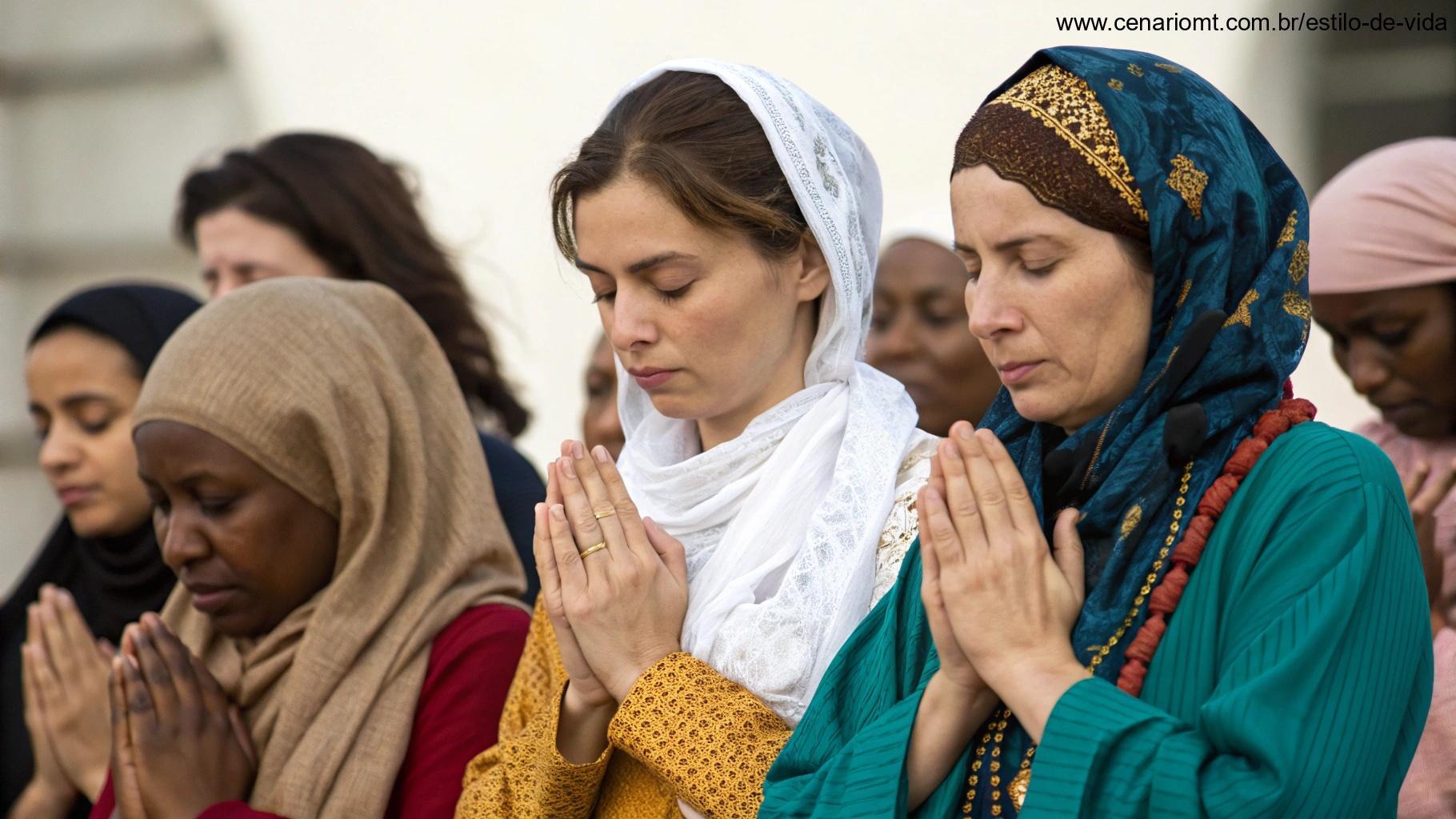 Um grupo de mulheres de diferentes culturas e origens, unidas pela fé e oração, simbolizando o papel da mulher na espiritualidade e na vida religiosa.