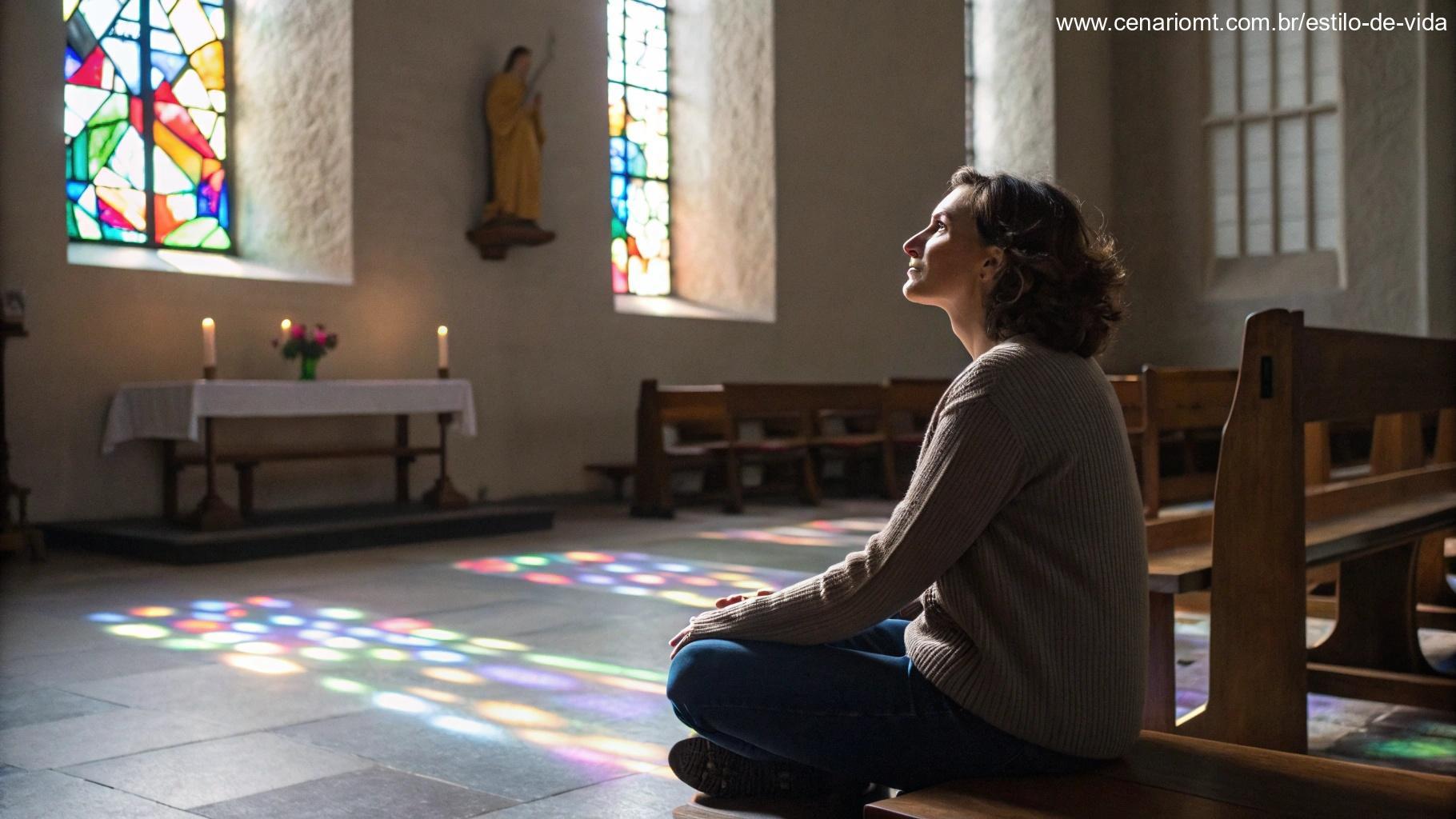 Mulher pensativa sentada em uma igreja, refletindo sobre seu papel na Igreja e na sociedade.