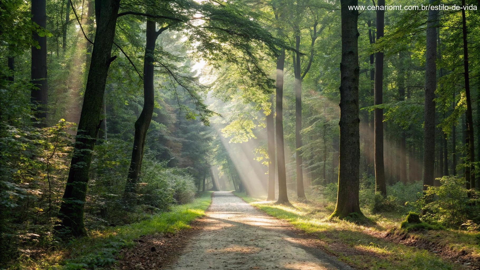 Caminho tranquilo na floresta com árvores altas ao redor e luz suave filtrando pelas folhas.