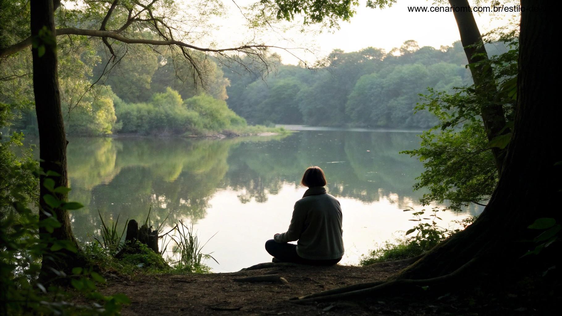 Cena calma e reflexiva de uma pessoa sentada perto de um lago, meditando e contemplando um Salmo, cercada pela natureza.