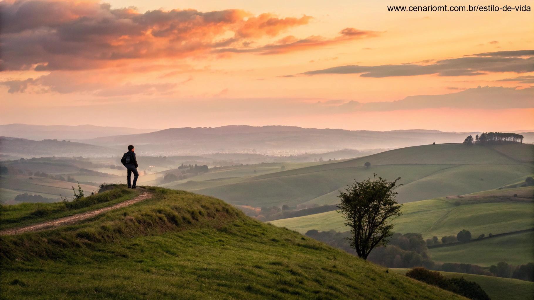 Paisagem tranquila de campo ao pôr do sol, com uma figura solitária orando no topo de uma colina, simbolizando reflexão pessoal e conexão com Deus.