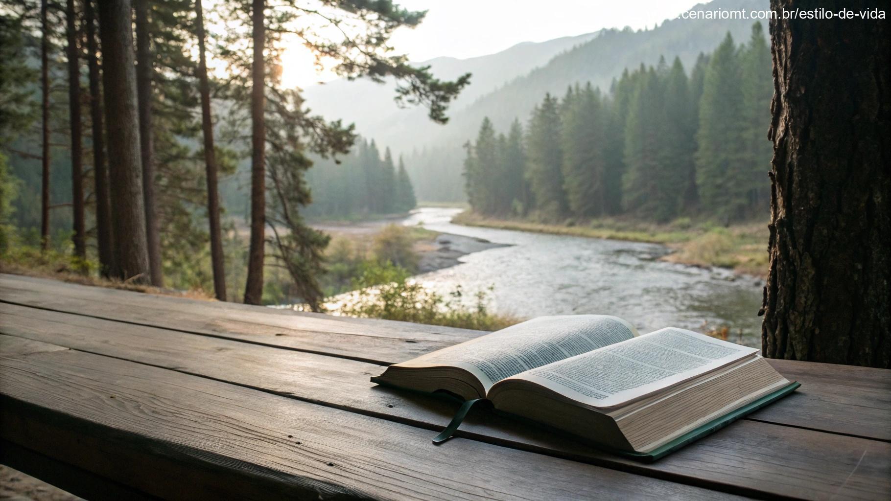 Imagem tranquila e serena de uma Bíblia aberta com um fundo calmo de natureza, simbolizando o versículo de Filipenses 4:6 sobre paz e oração.