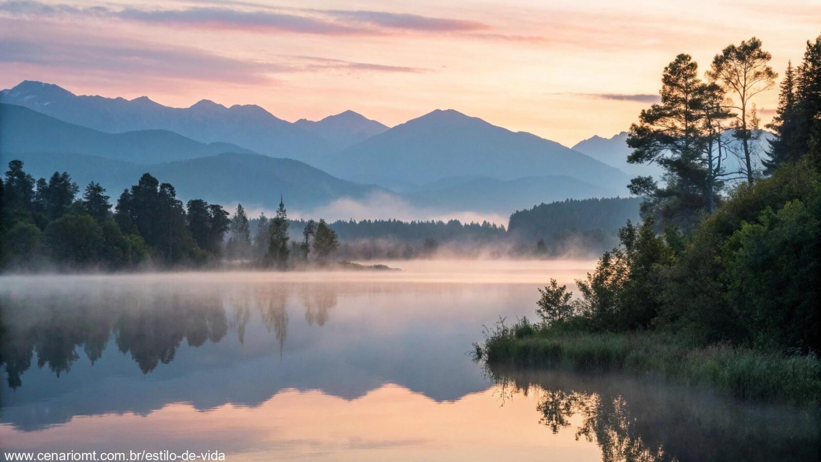 Reflexão e tranquilidade na natureza ao amanhecer.