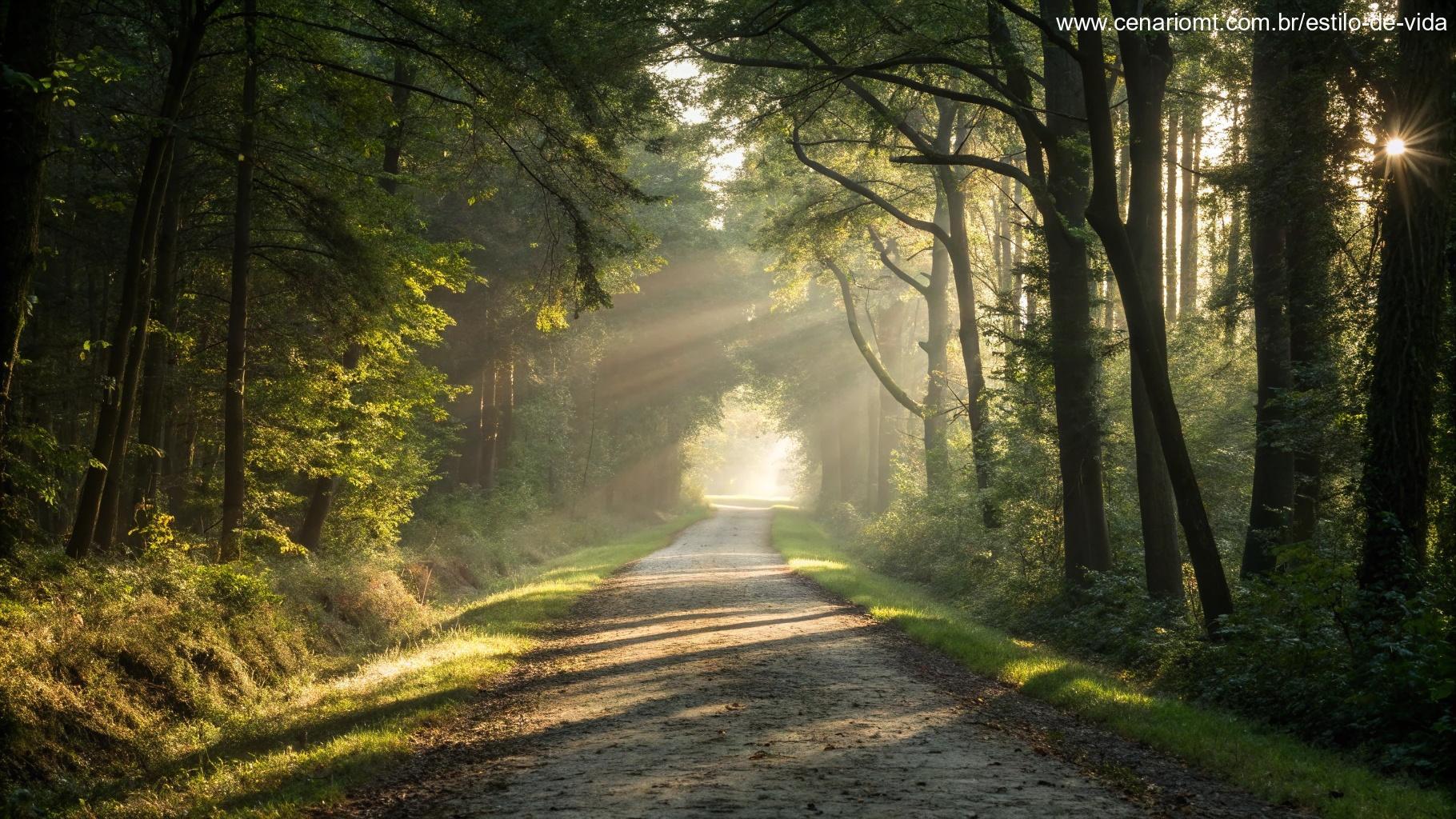 Um caminho tranquilo na floresta com a luz do sol atravessando as árvores, levando a um horizonte distante e brilhante, simbolizando esperança e reflexão