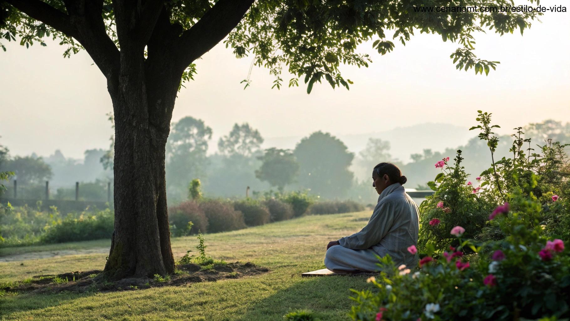 Momento tranquilo em um jardim sereno com uma pessoa meditando sob uma árvore, luz suave do amanhecer ao fundo.