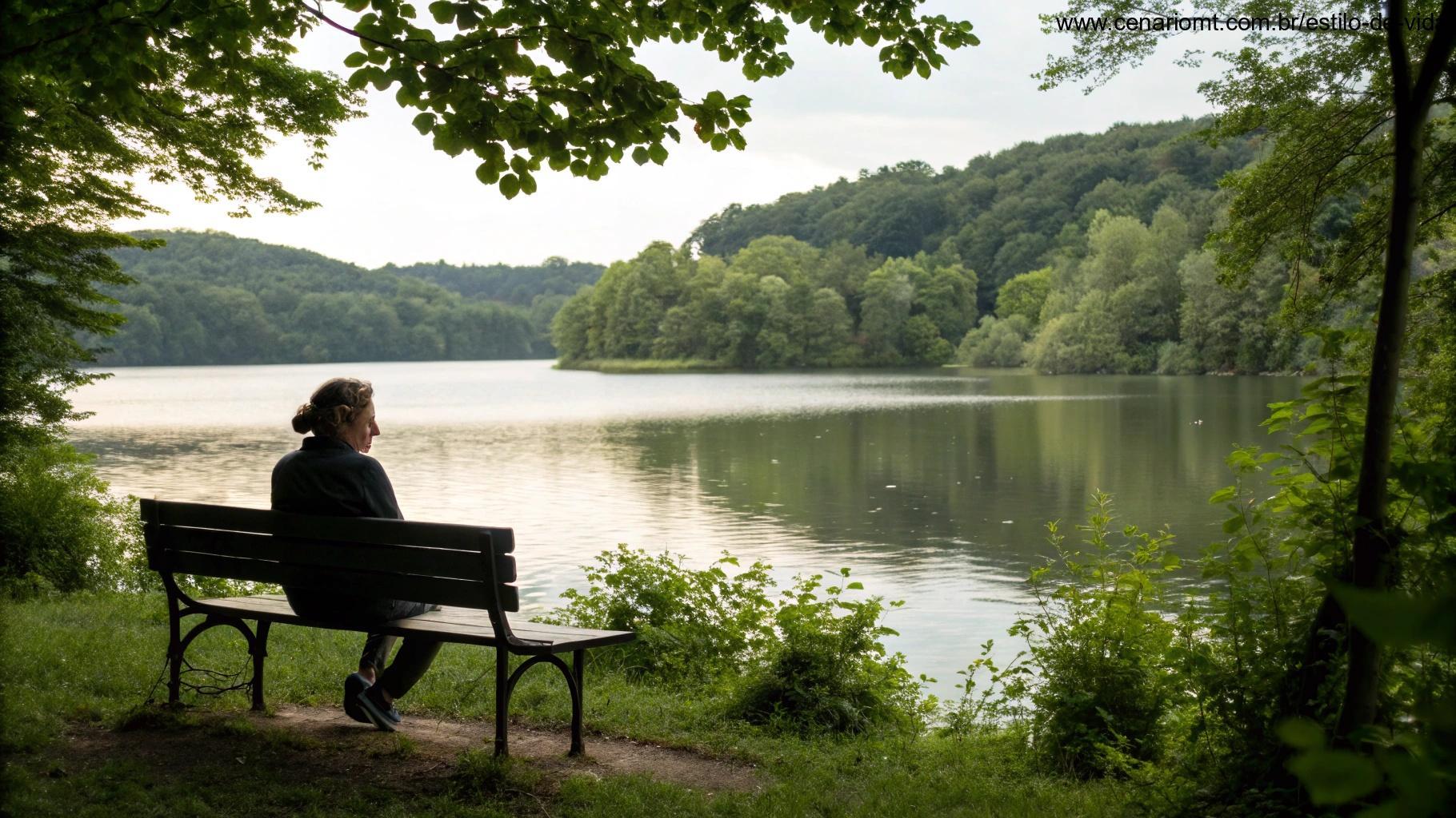 Um momento de reflexão em meio à natureza, com uma pessoa sentada em um banco à beira de um lago sereno, cercada por vegetação luxuriante. O cenário transmite tranquilidade e introspecção.