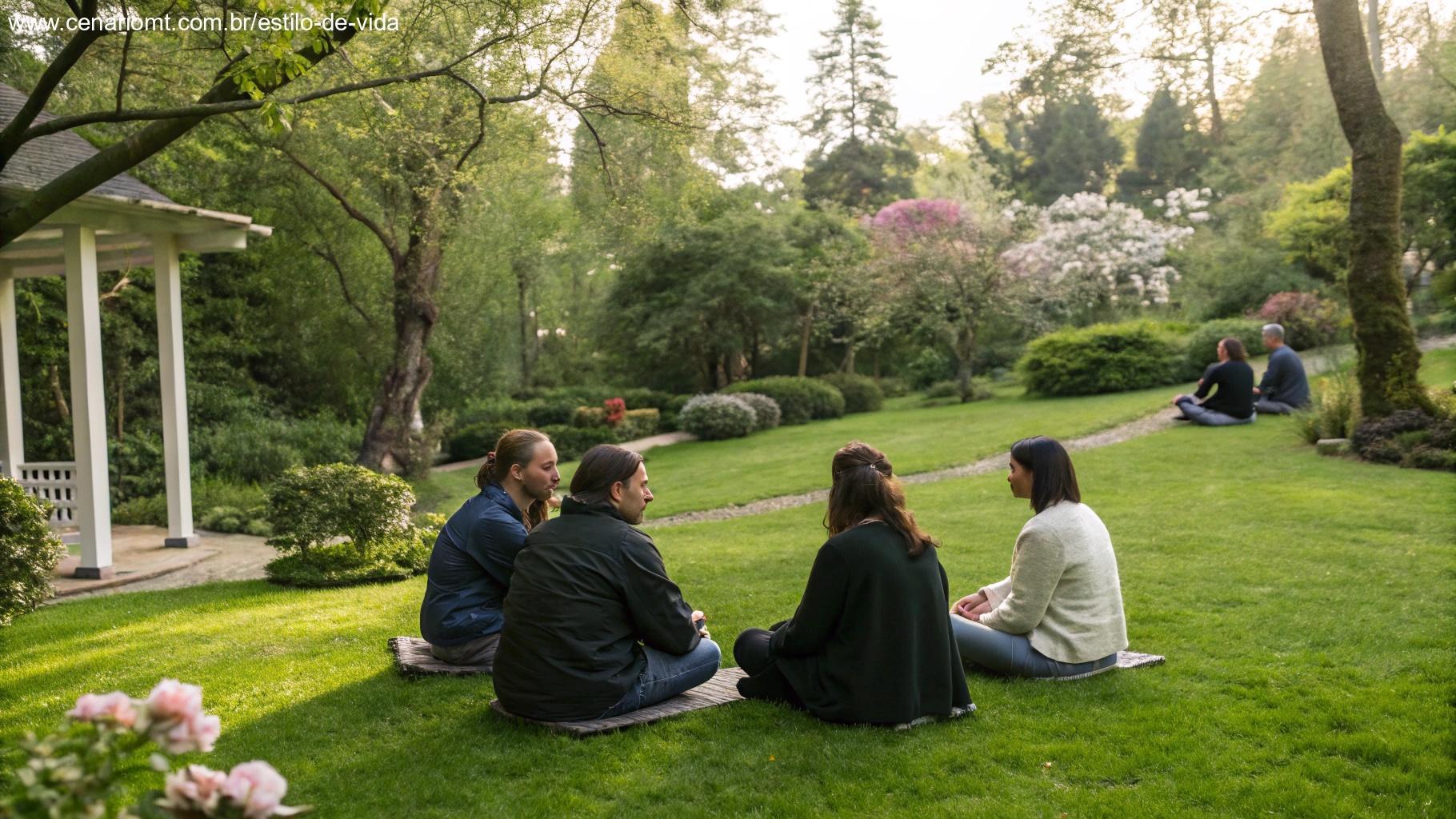 Cenas ao ar livre com pessoas reunidas em círculo, refletindo sobre os acontecimentos do dia.